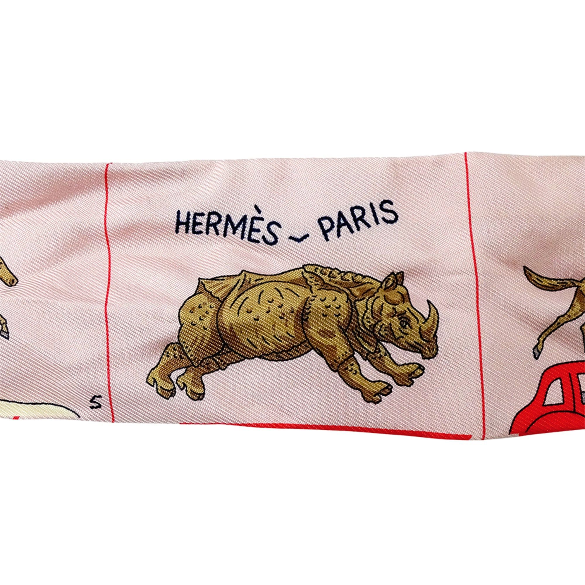Hermes Hermes scarf/muffler for women, brand name, twilly, silk, pink, horse and carriage design. Size ONE SIZE - 4 Thumbnail