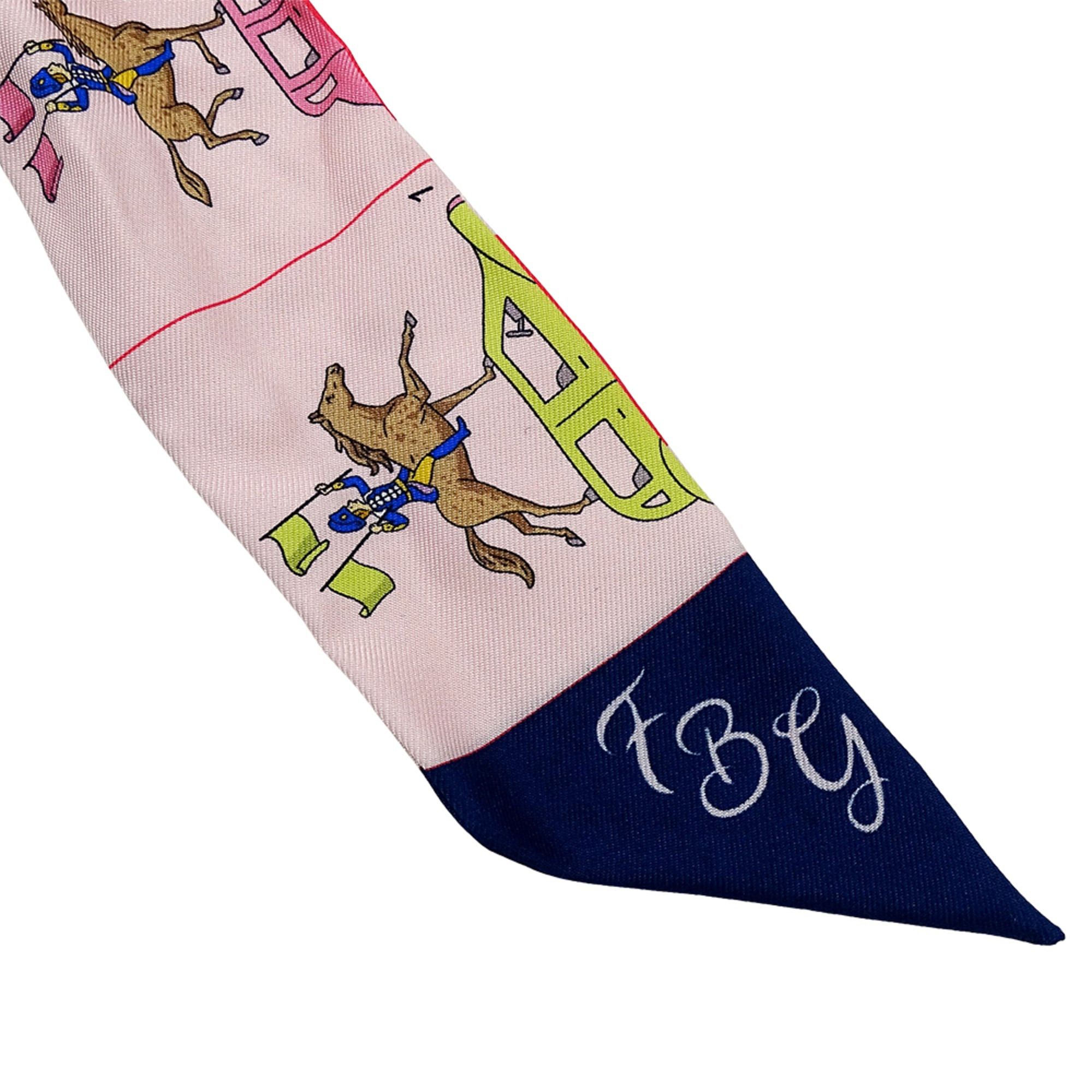 Hermes Hermes scarf/muffler for women, brand name, twilly, silk, pink, horse and carriage design. Size ONE SIZE - 6 Thumbnail