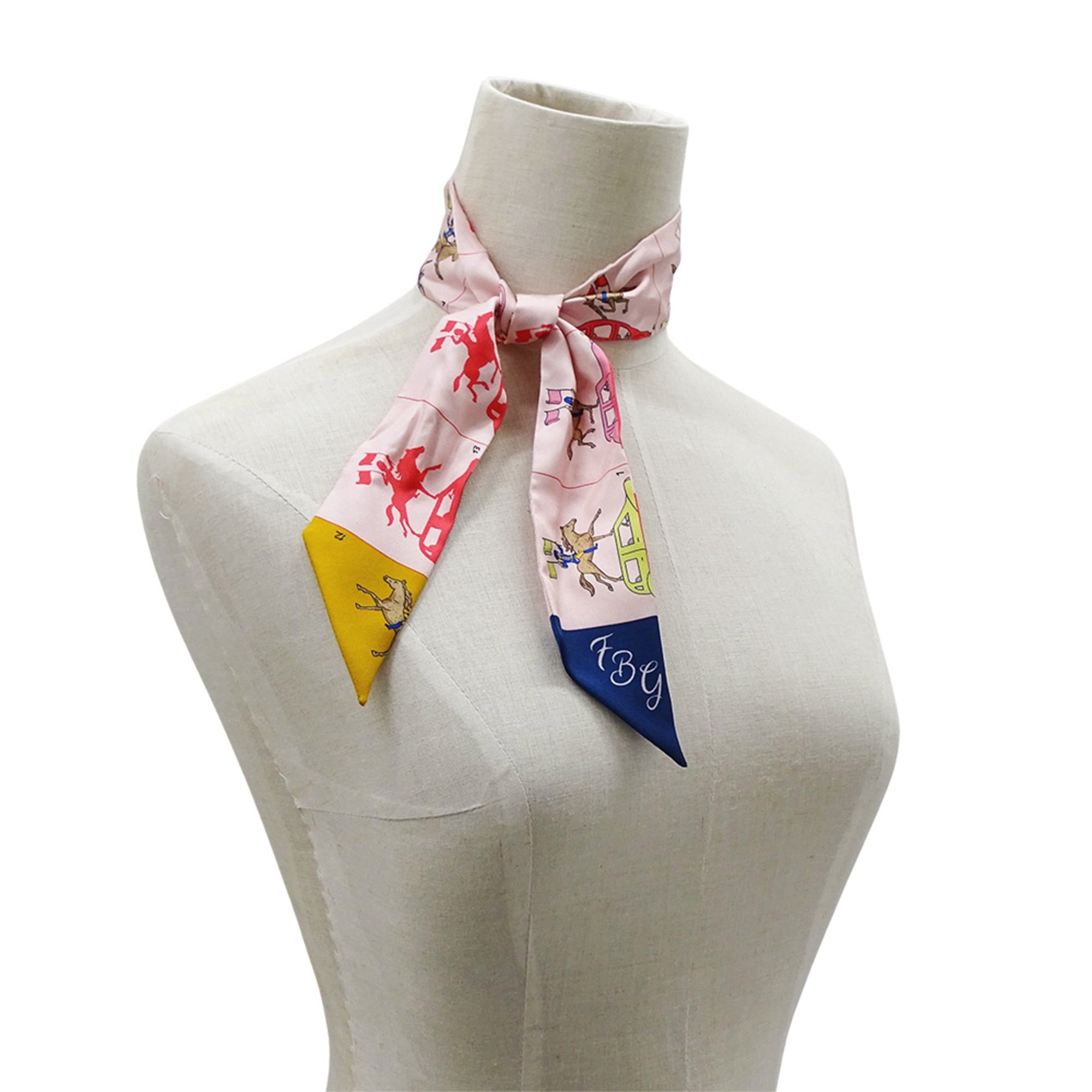 Hermes Hermes scarf/muffler for women, brand name, twilly, silk, pink, horse and carriage design. Size ONE SIZE - 7 Thumbnail