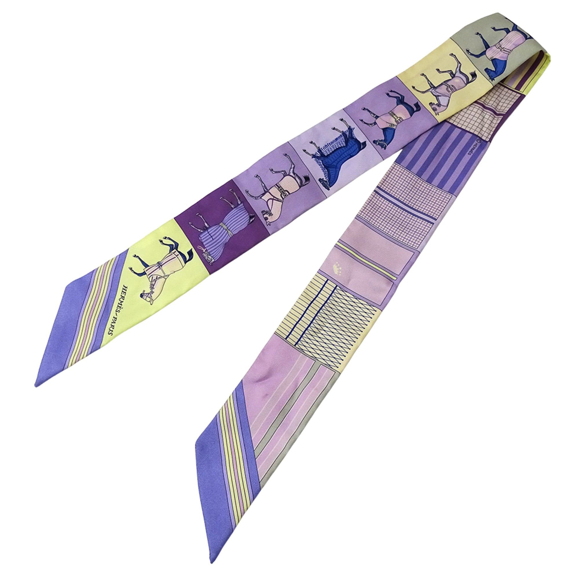 Hermes Hermes scarf/muffler for women, brand name Twilly, Couvertures Nouvelle (new horse blanket design), silk, purple/yellow. Size ONE SIZE - 2 Thumbnail