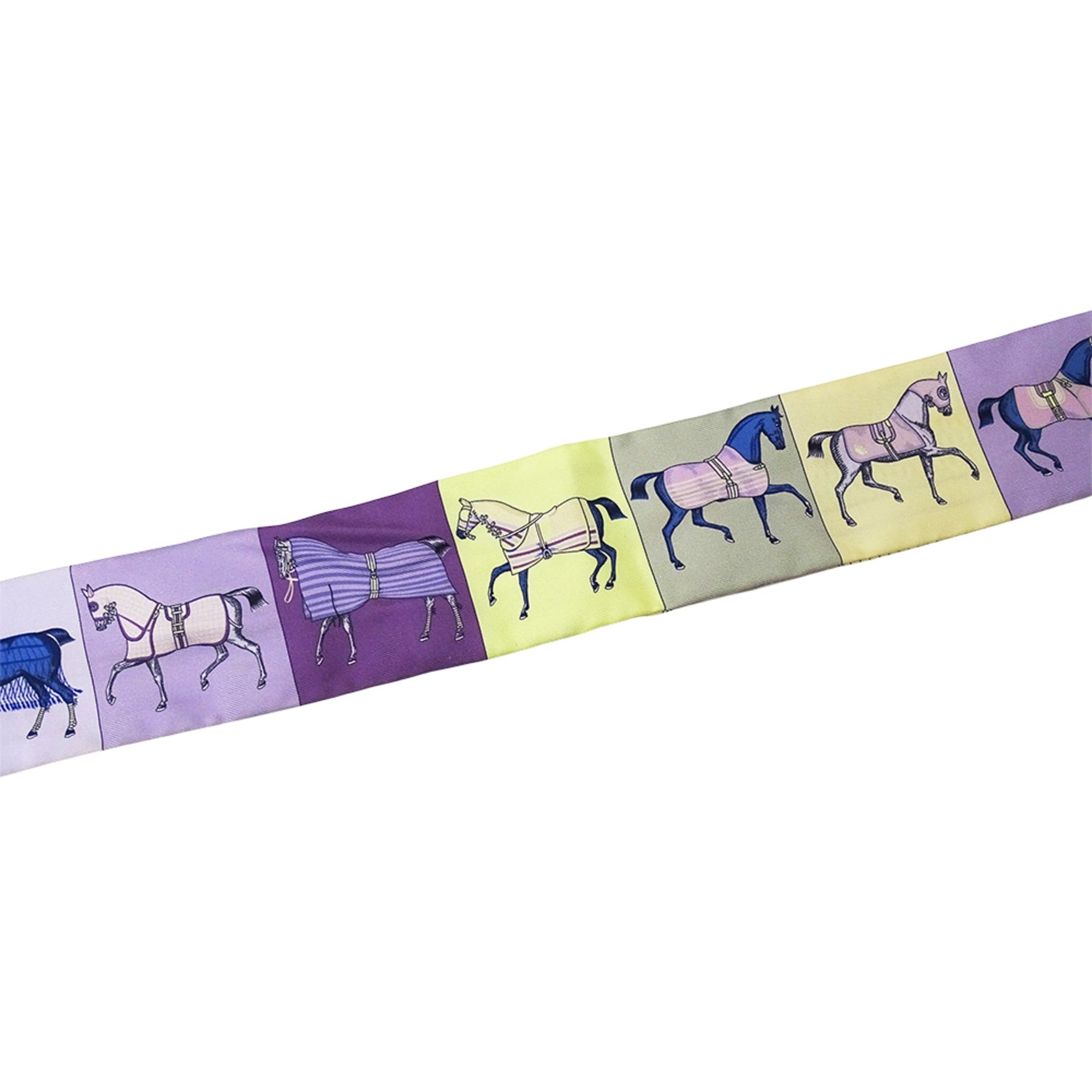 Hermes Hermes scarf/muffler for women, brand name Twilly, Couvertures Nouvelle (new horse blanket design), silk, purple/yellow. Size ONE SIZE - 5 Thumbnail
