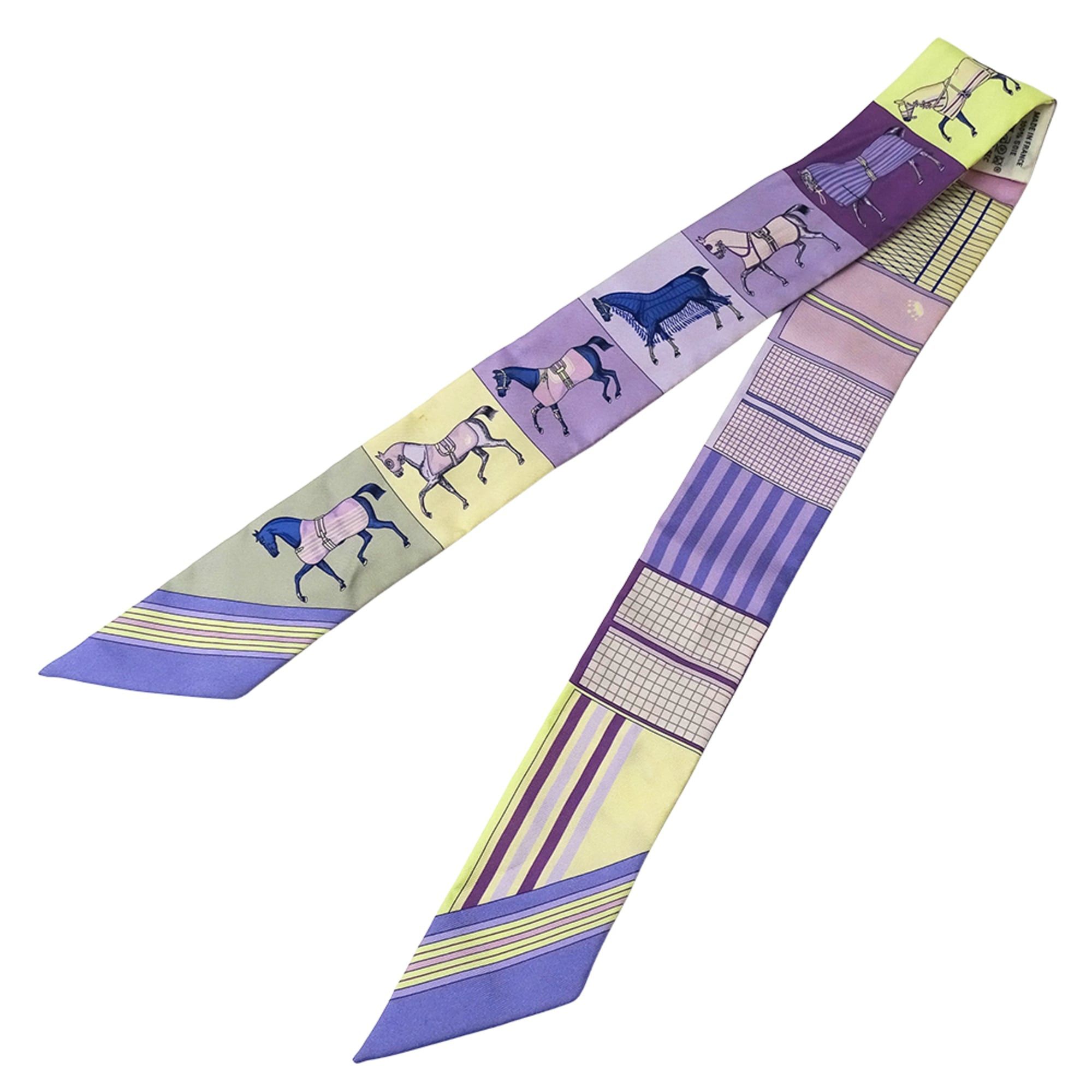 Hermes Hermes scarf/muffler for women, brand name Twilly, Couvertures Nouvelle (new horse blanket design), silk, purple/yellow. Size ONE SIZE - 3 Thumbnail