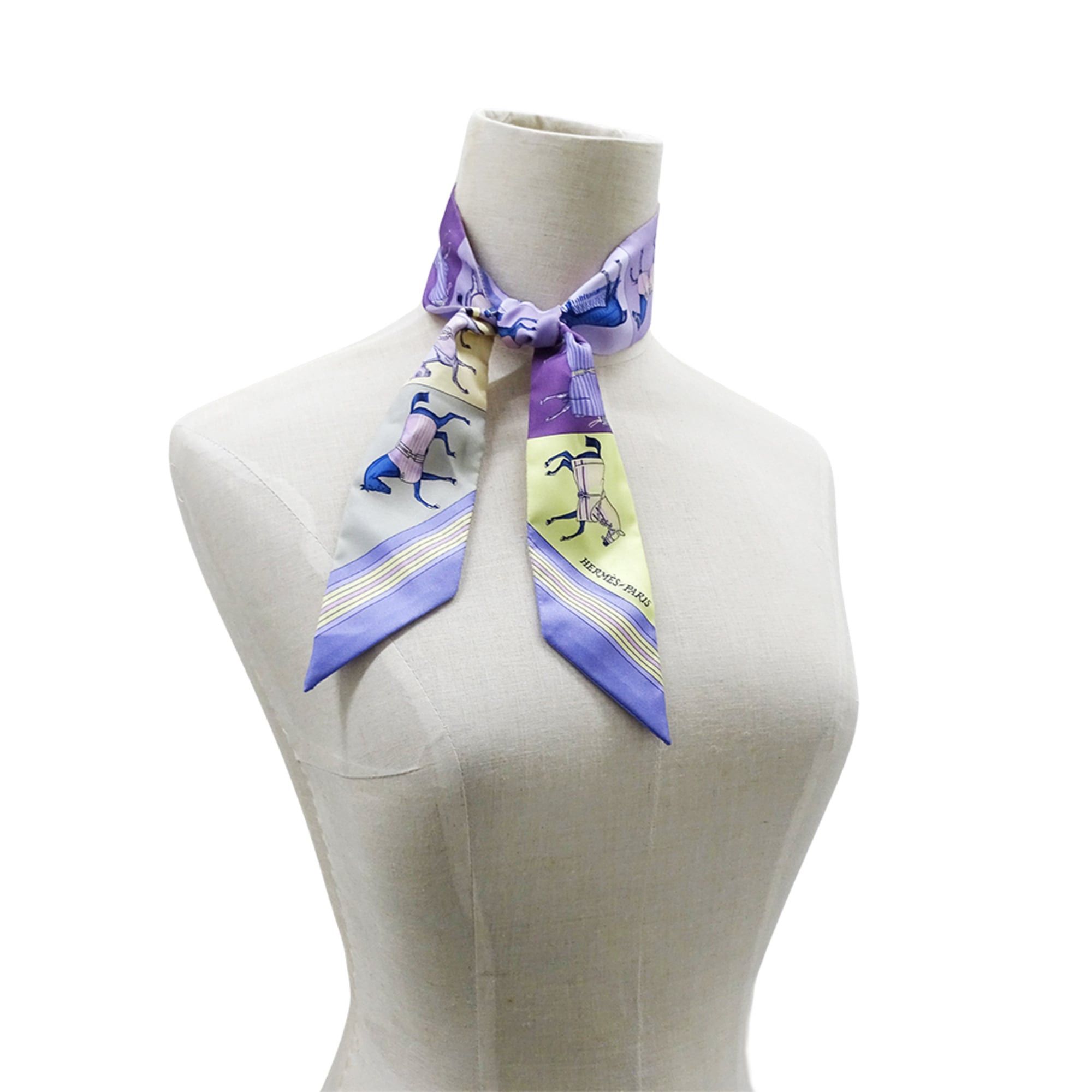 Hermes Hermes scarf/muffler for women, brand name Twilly, Couvertures Nouvelle (new horse blanket design), silk, purple/yellow. Size ONE SIZE - 7 Thumbnail