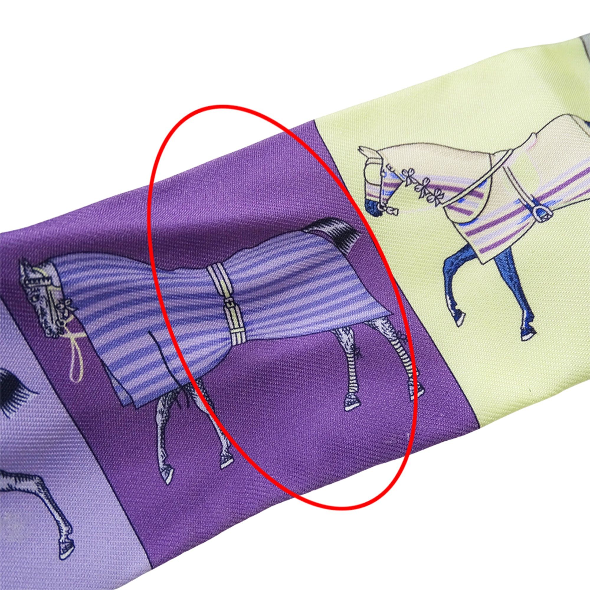 Hermes Hermes scarf/muffler for women, brand name Twilly, Couvertures Nouvelle (new horse blanket design), silk, purple/yellow. Size ONE SIZE - 9 Thumbnail