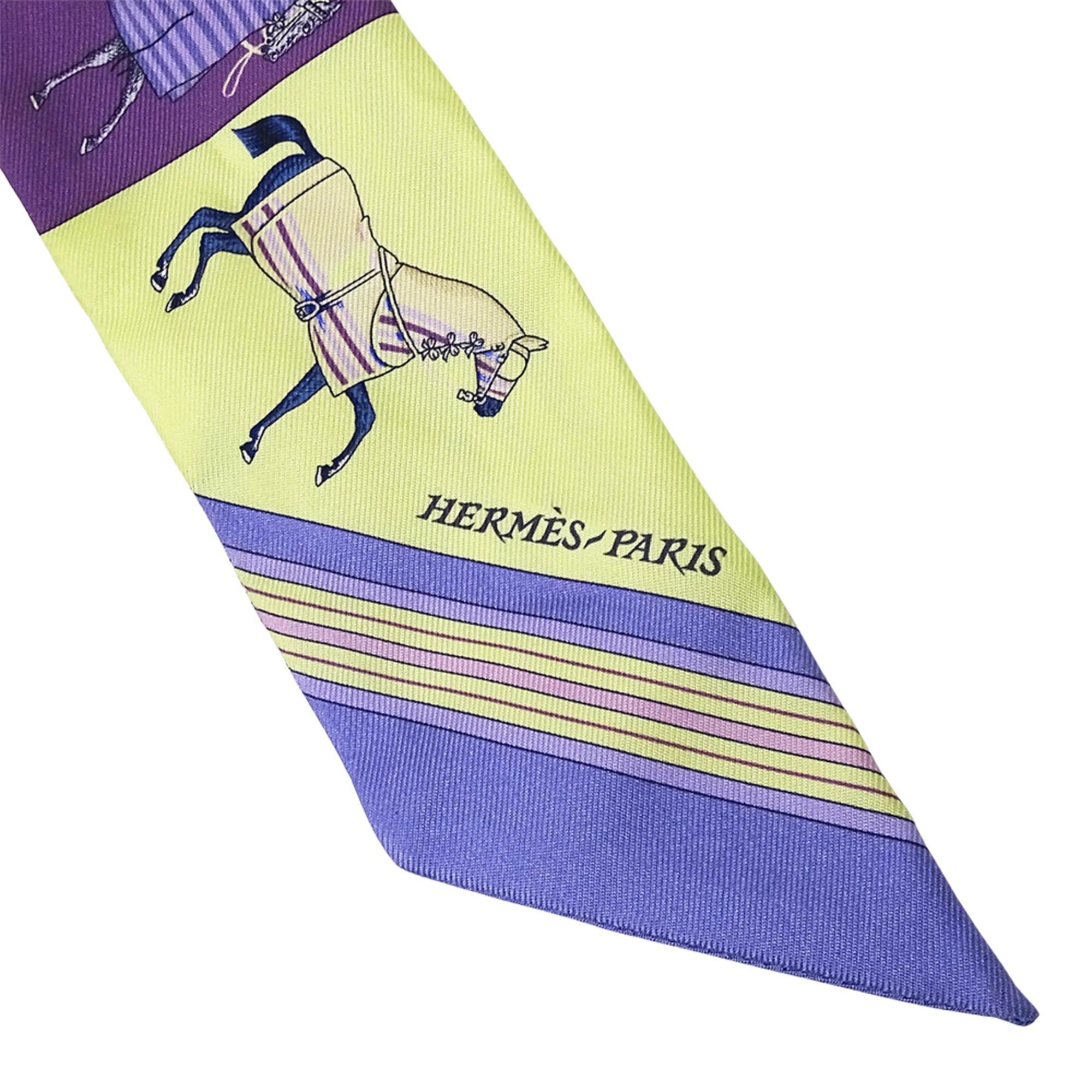 Hermes Hermes scarf/muffler for women, brand name Twilly, Couvertures Nouvelle (new horse blanket design), silk, purple/yellow. Size ONE SIZE - 4 Thumbnail