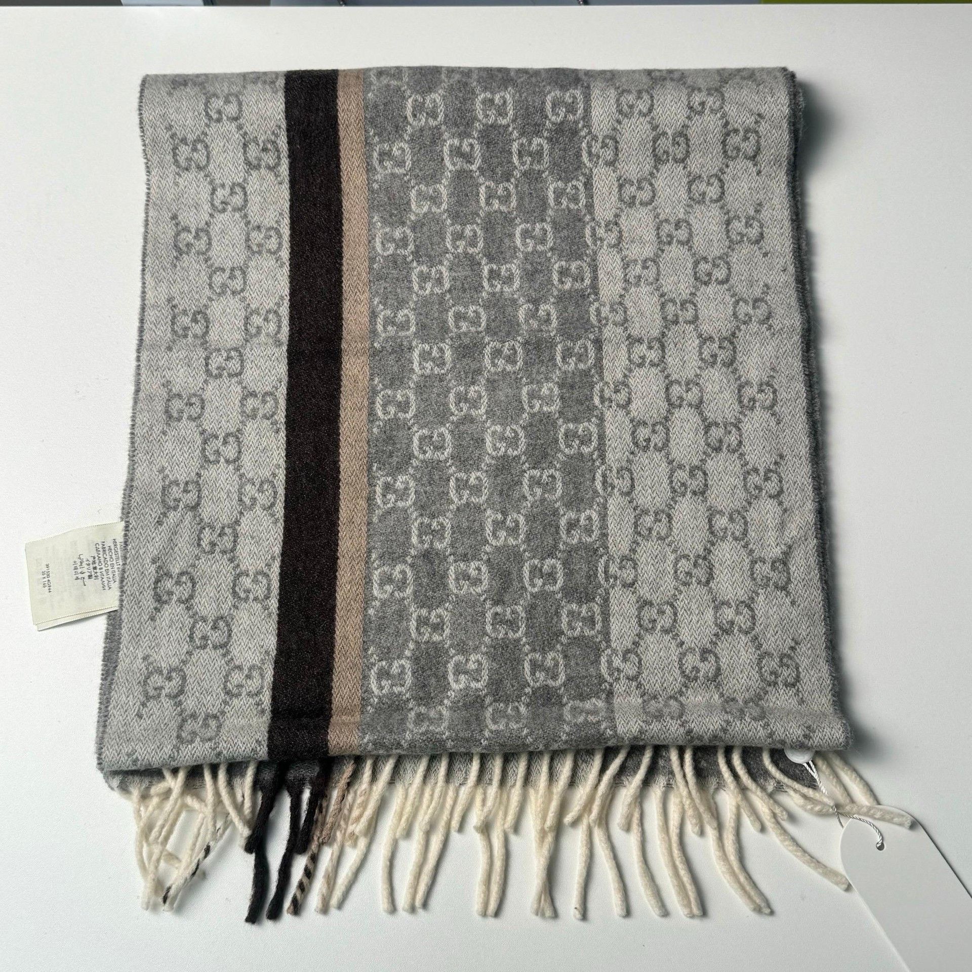 Gucci Gucci Gray Double G Jacquard Wool-Cashmere Scarf Size ONE SIZE - 4 Thumbnail