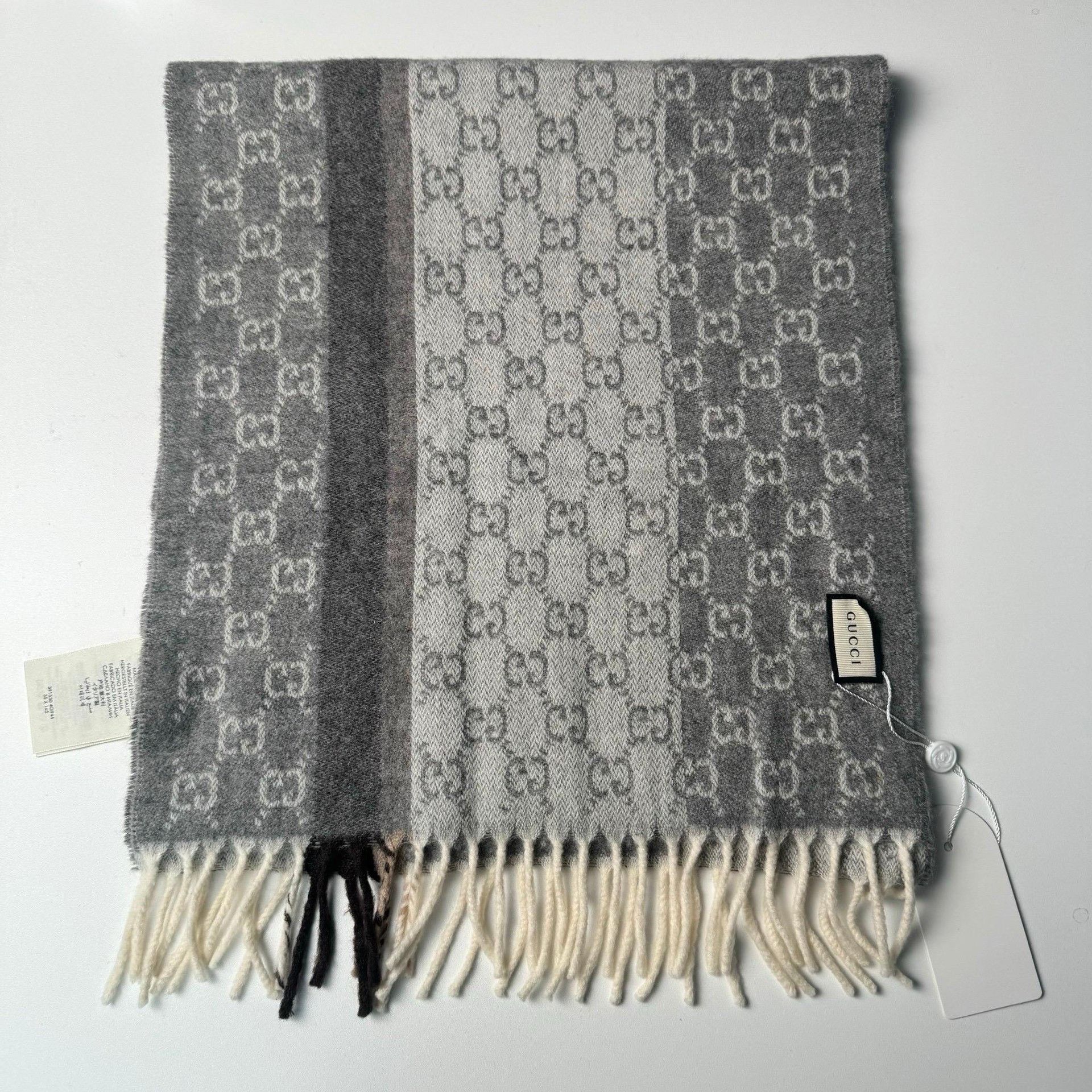Gucci Gucci Gray Double G Jacquard Wool-Cashmere Scarf Size ONE SIZE - 2 Thumbnail
