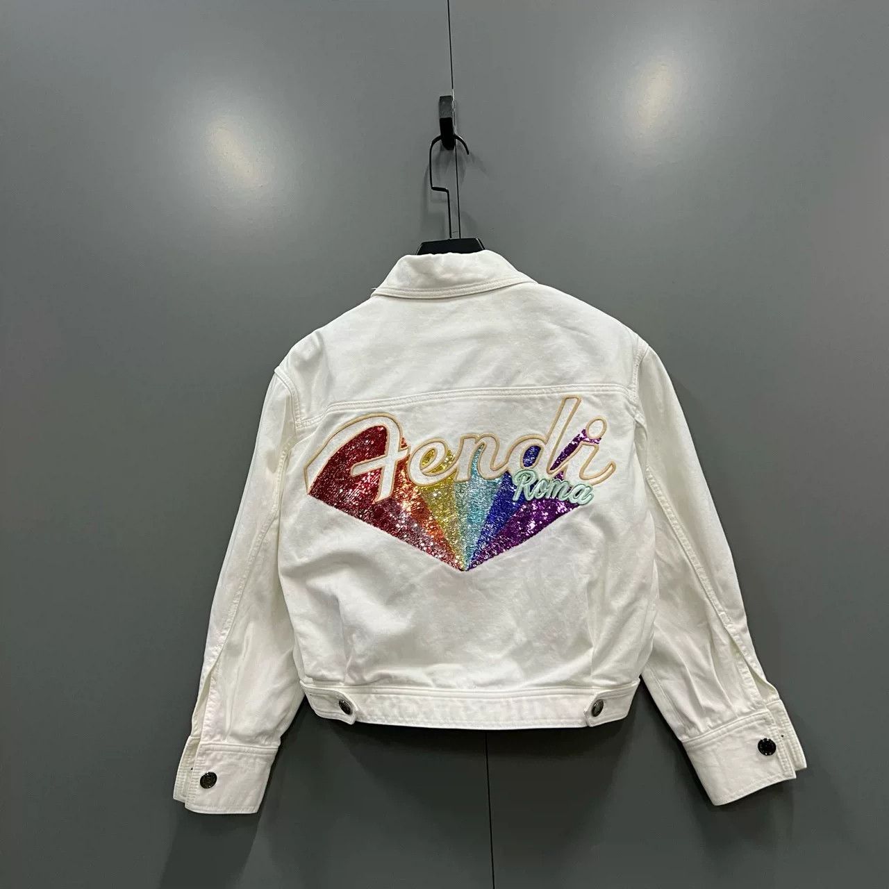 Fendi Fendi White Sequin Logo Cropped Denim Jacket Size S / US 4 / IT 40 - 2 Thumbnail