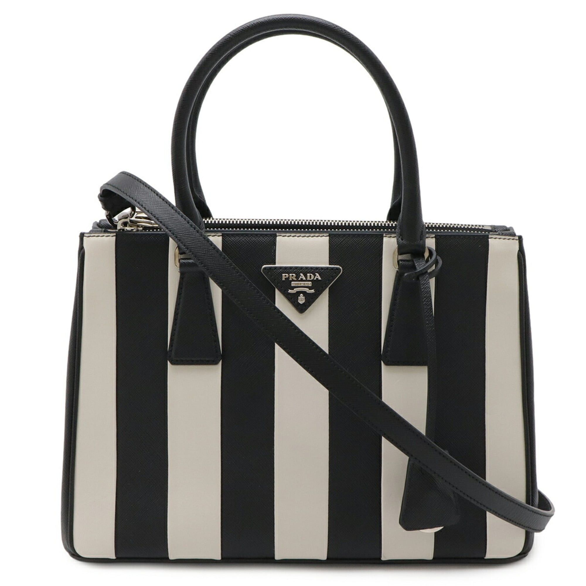 Prada PRADA Galleria Stripe Triangle Handbag, Saffiano Leather, NERO (Black/White), Purchased at a domestic boutique, Item Number 1BA863 Size ONE SIZE - 2 Thumbnail