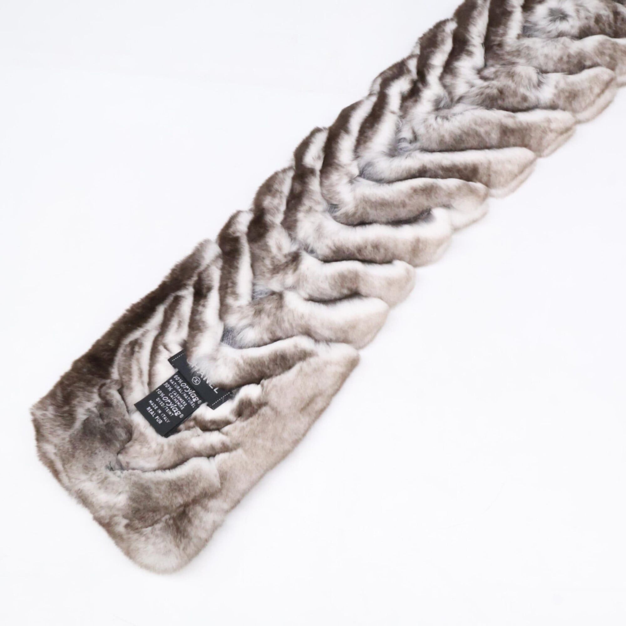 Chanel CHANEL Orylag x Cashmere Real Fur Scarf with Coco Mark on Both Ends - Black/White Women's Size ONE SIZE - 5 Thumbnail