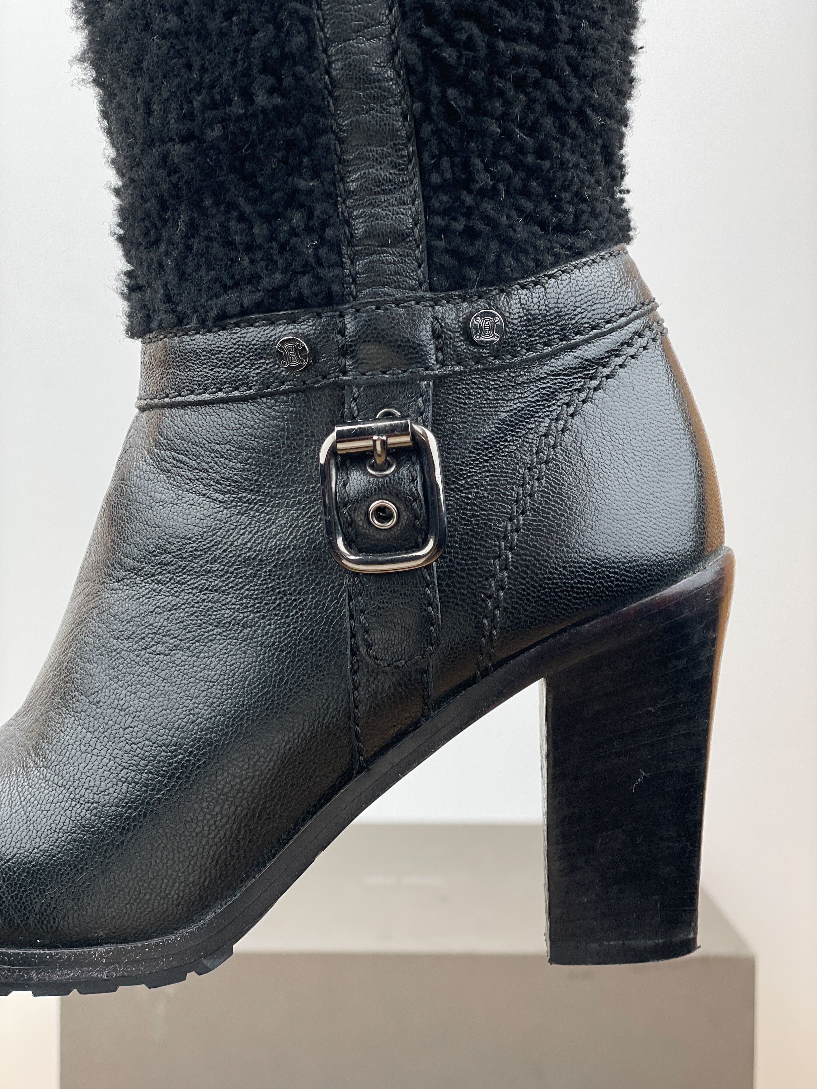 Celine Knee-High Shearling ‘Claude’ Biker Heel Boots Size US 4.5 / IT 34.5 - 8 Thumbnail