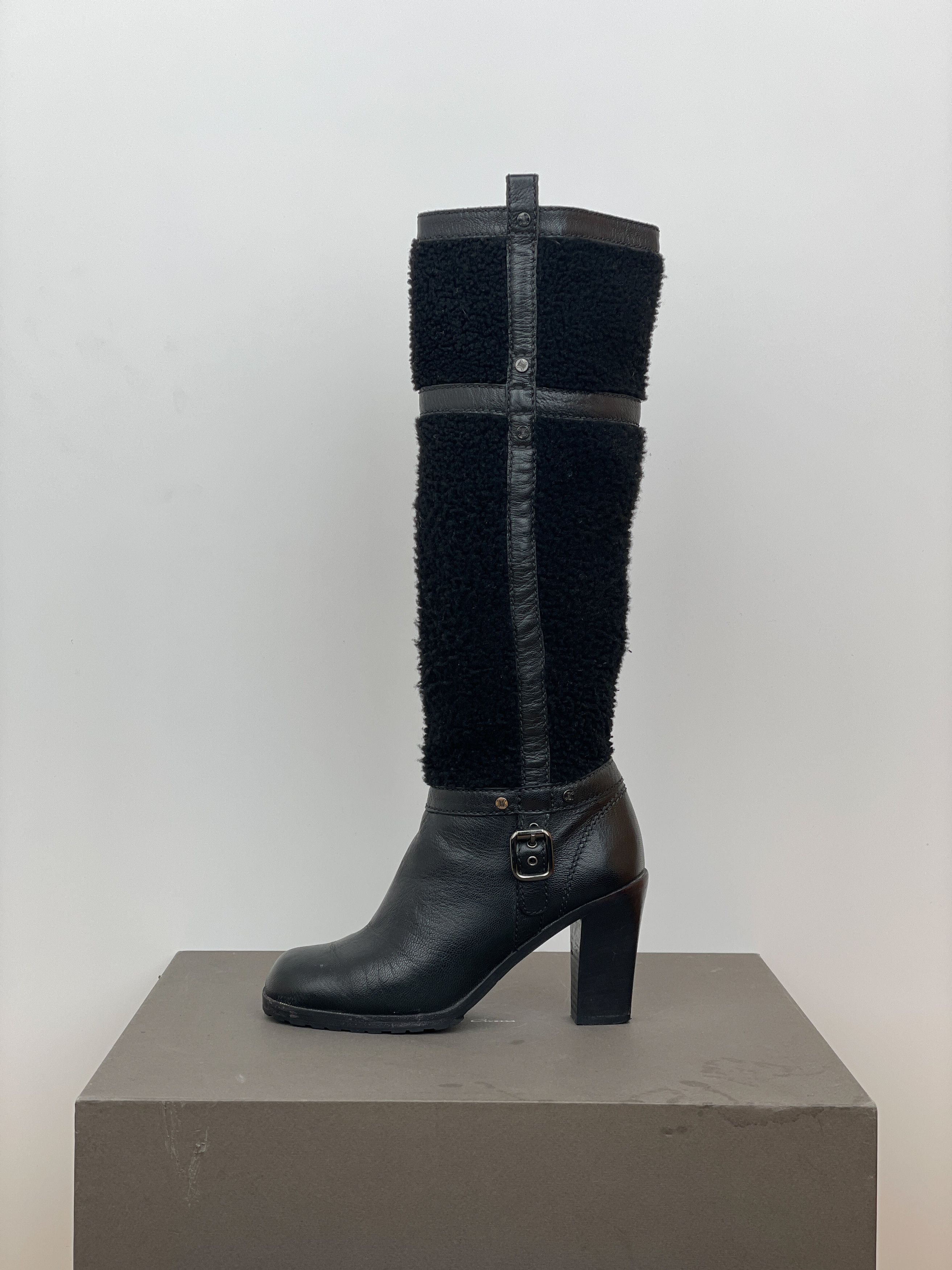 Celine Knee-High Shearling ‘Claude’ Biker Heel Boots Size US 4.5 / IT 34.5 - 3 Thumbnail