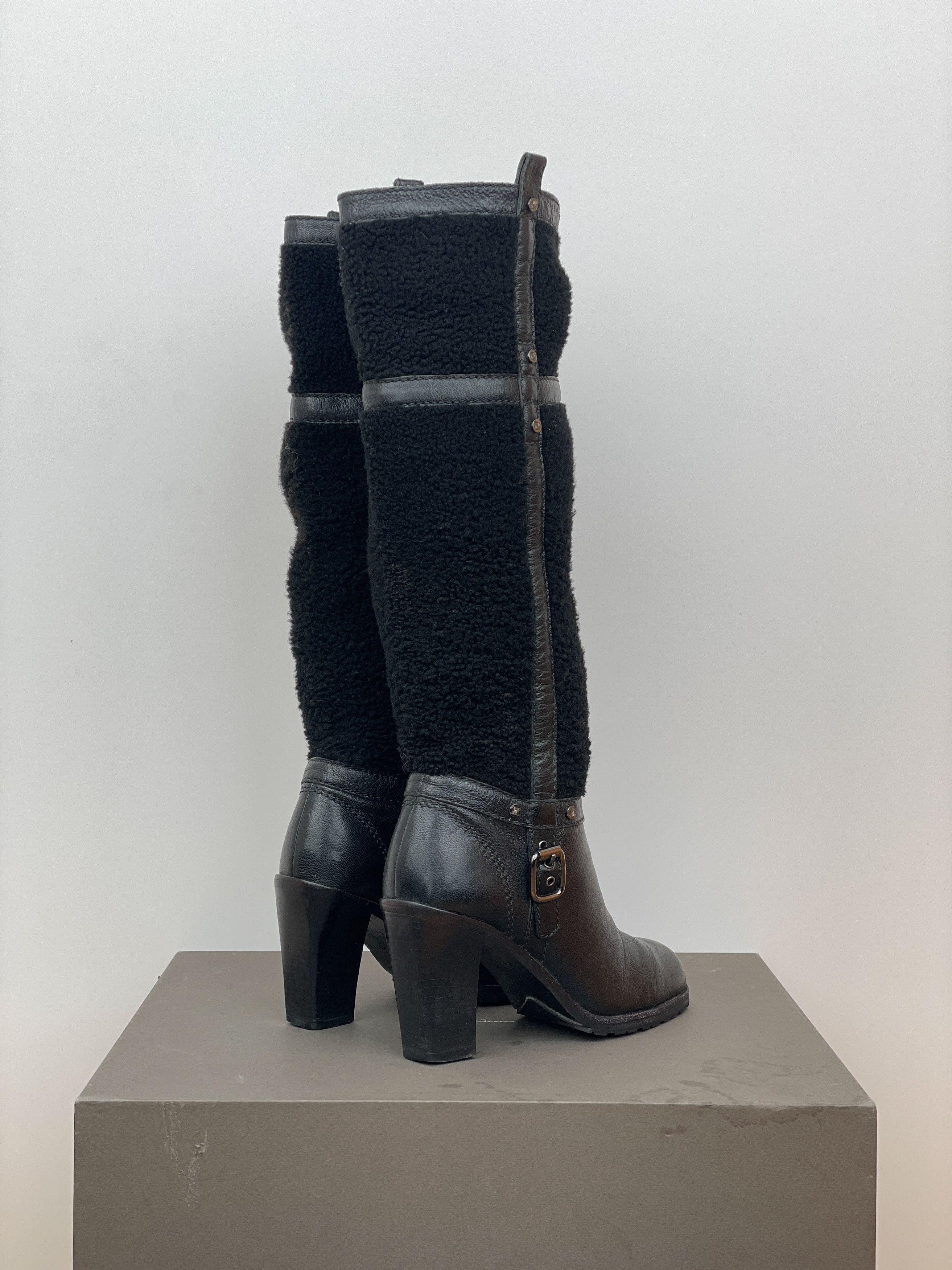 Celine Knee-High Shearling ‘Claude’ Biker Heel Boots Size US 4.5 / IT 34.5 - 2 Thumbnail