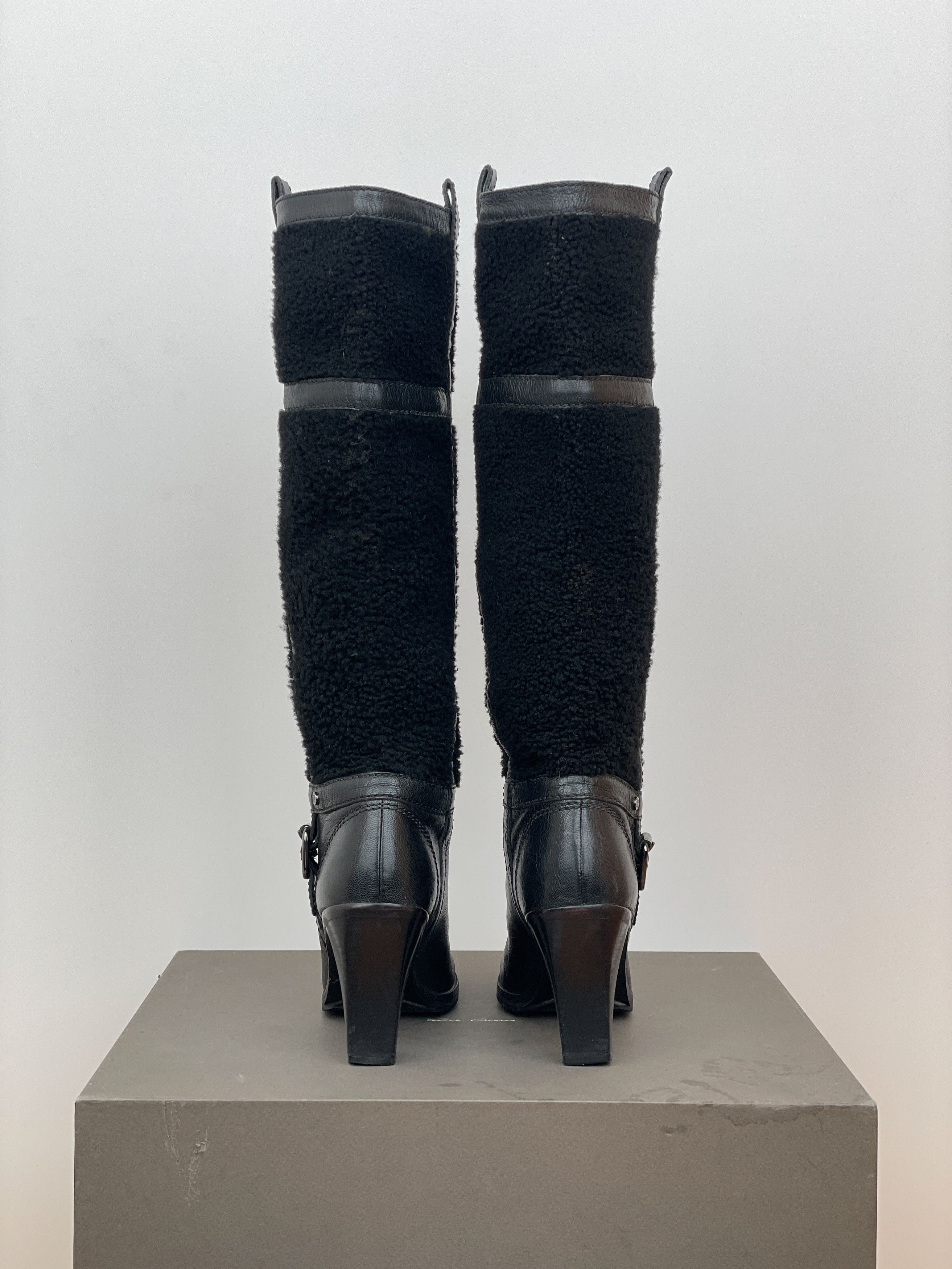 Celine Knee-High Shearling ‘Claude’ Biker Heel Boots Size US 4.5 / IT 34.5 - 6 Thumbnail