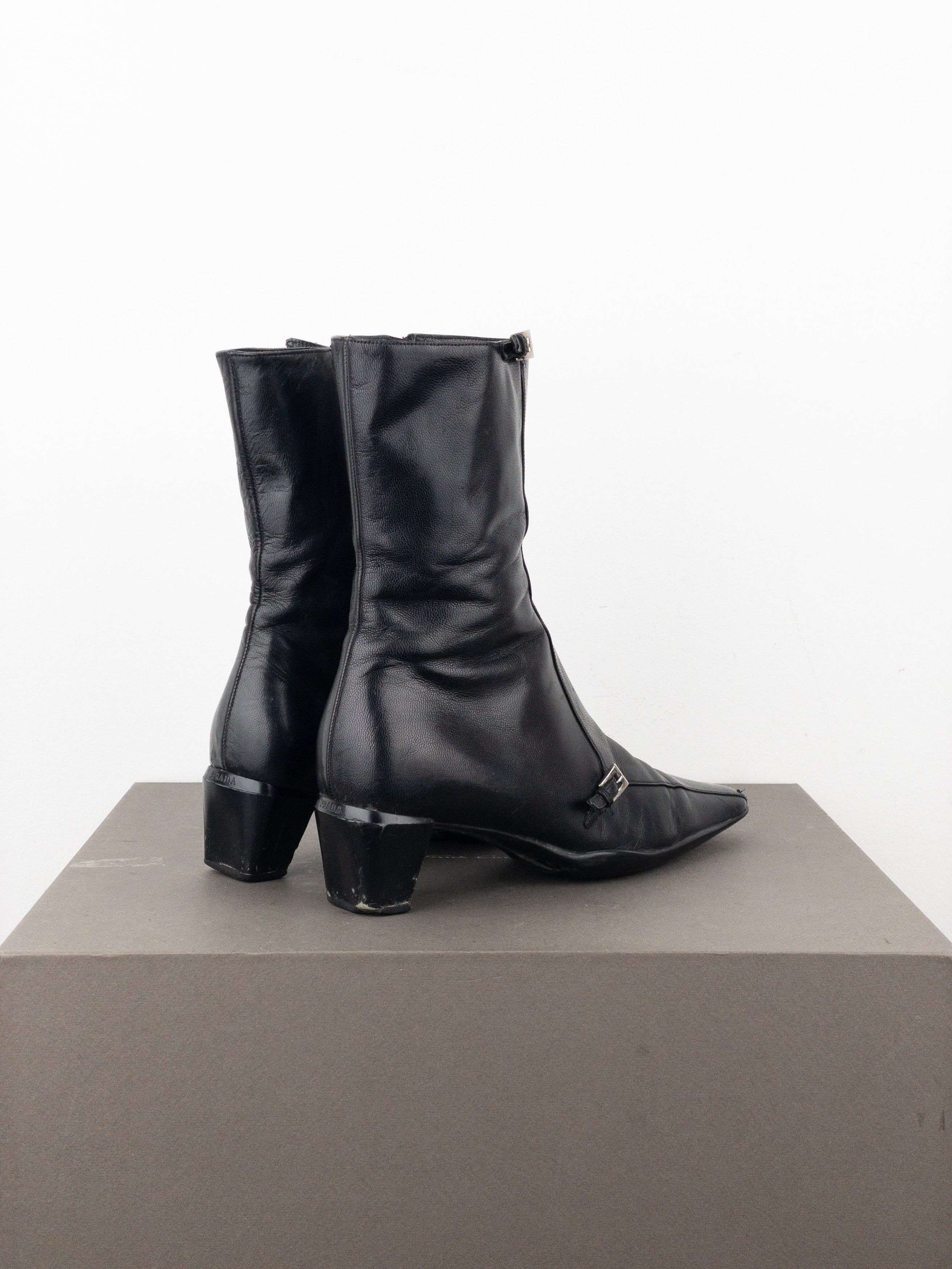 Prada 2000s Square Toe Sports Buckle Kitten Heel Ankle Boots Size US 5.5 / IT 35.5 - 2 Thumbnail