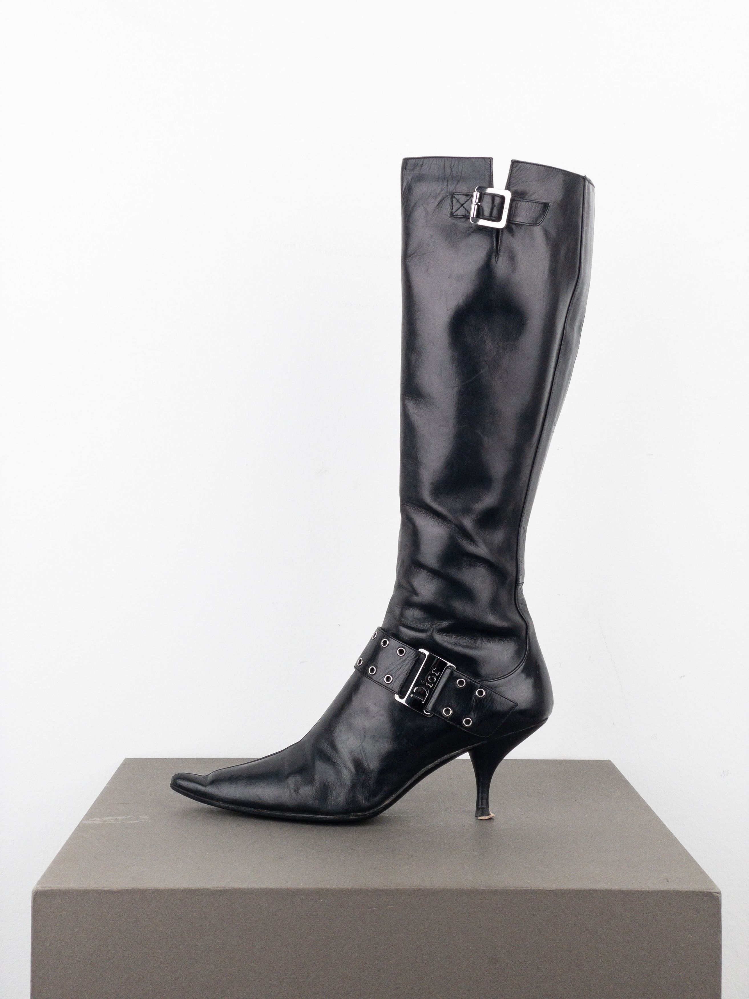 Dior by Galliano SS02 ‘Street Chic’ Buckle Knee-High Heel Boots Size US 5 / IT 35 - 3 Thumbnail