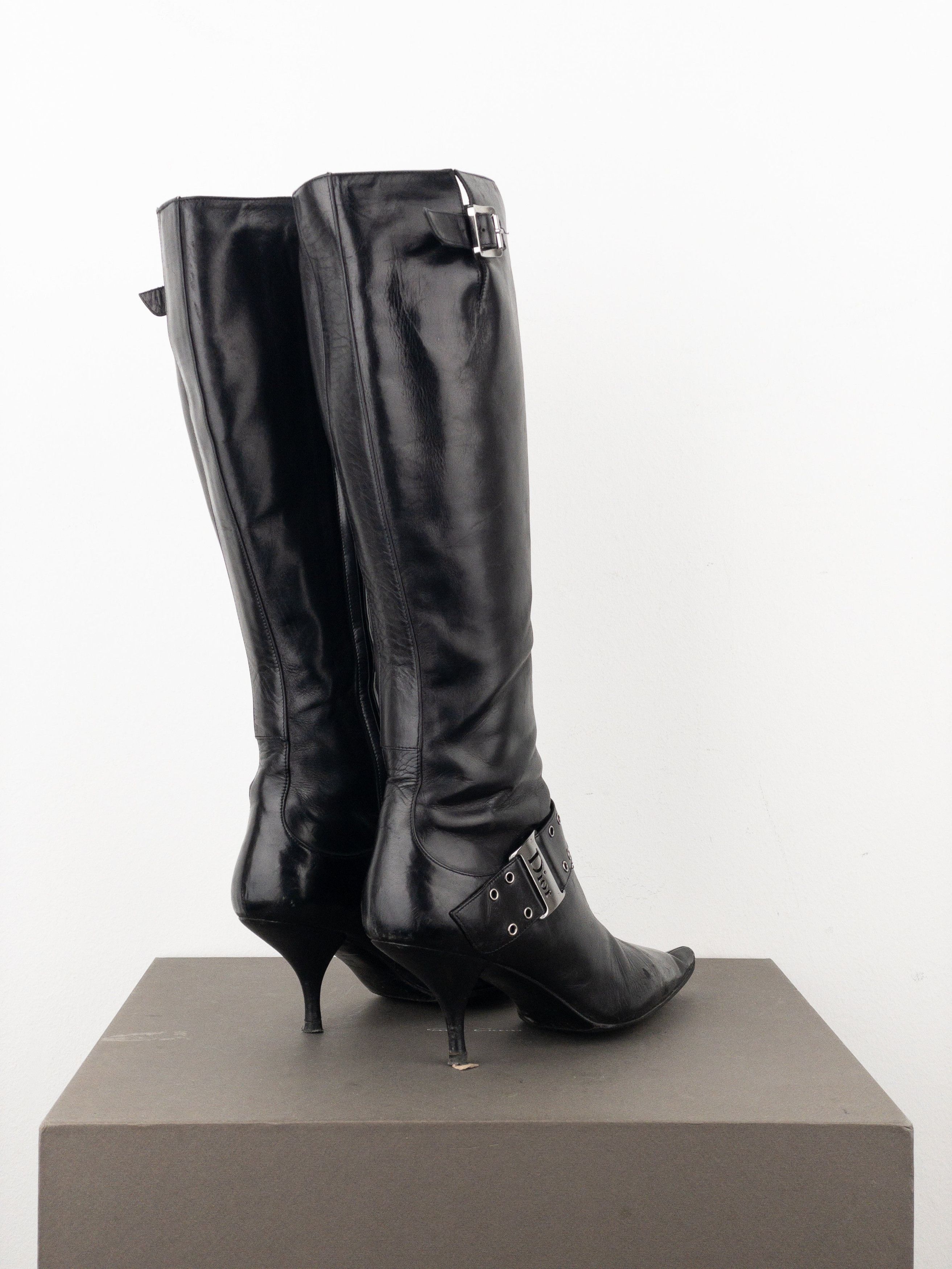 Dior by Galliano SS02 ‘Street Chic’ Buckle Knee-High Heel Boots Size US 5 / IT 35 - 2 Thumbnail