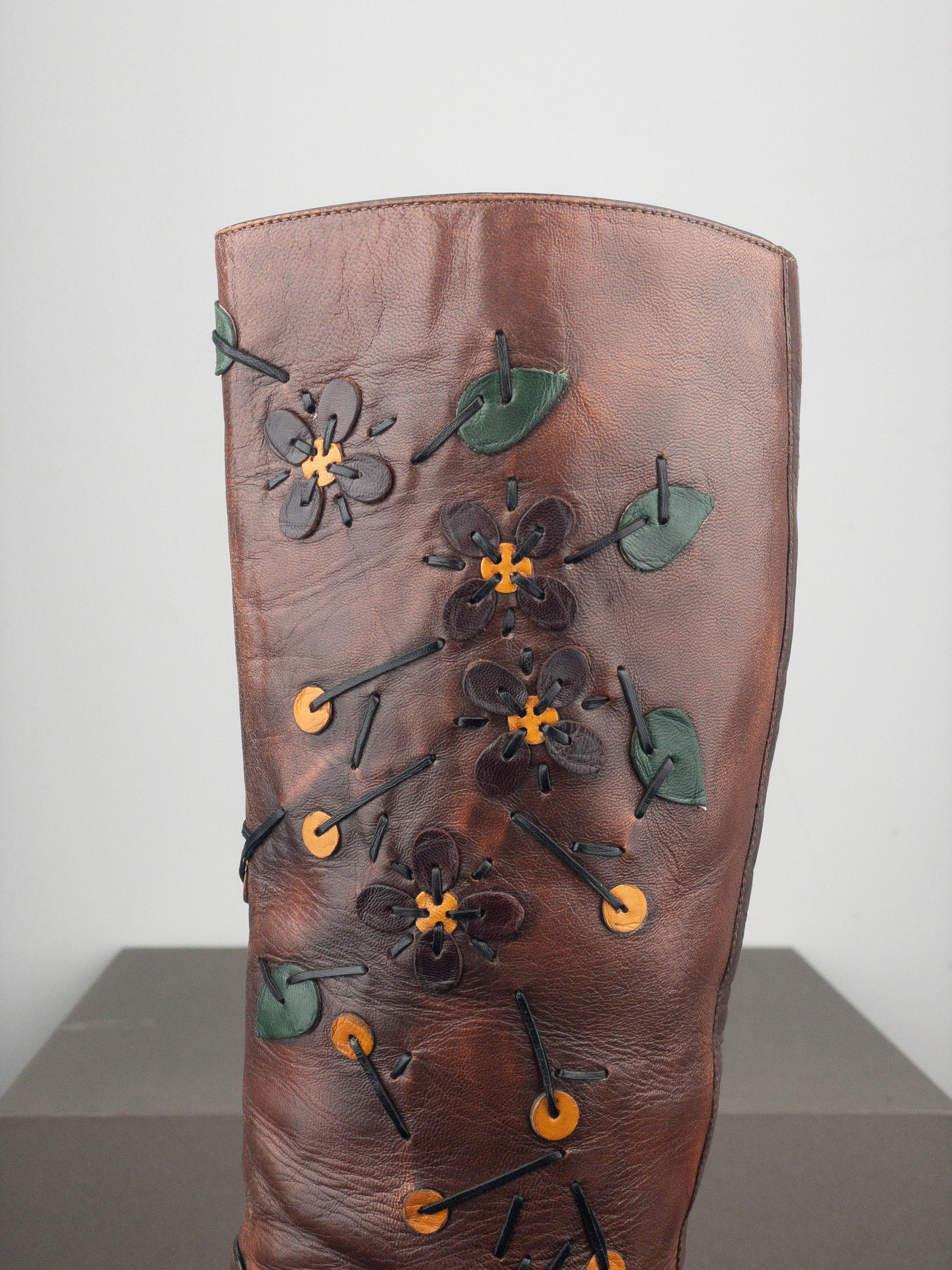 Prada AW99 Knee High Flowers Leaves Riding Boots Size US 6.5 / IT 36.5 - 9 Thumbnail