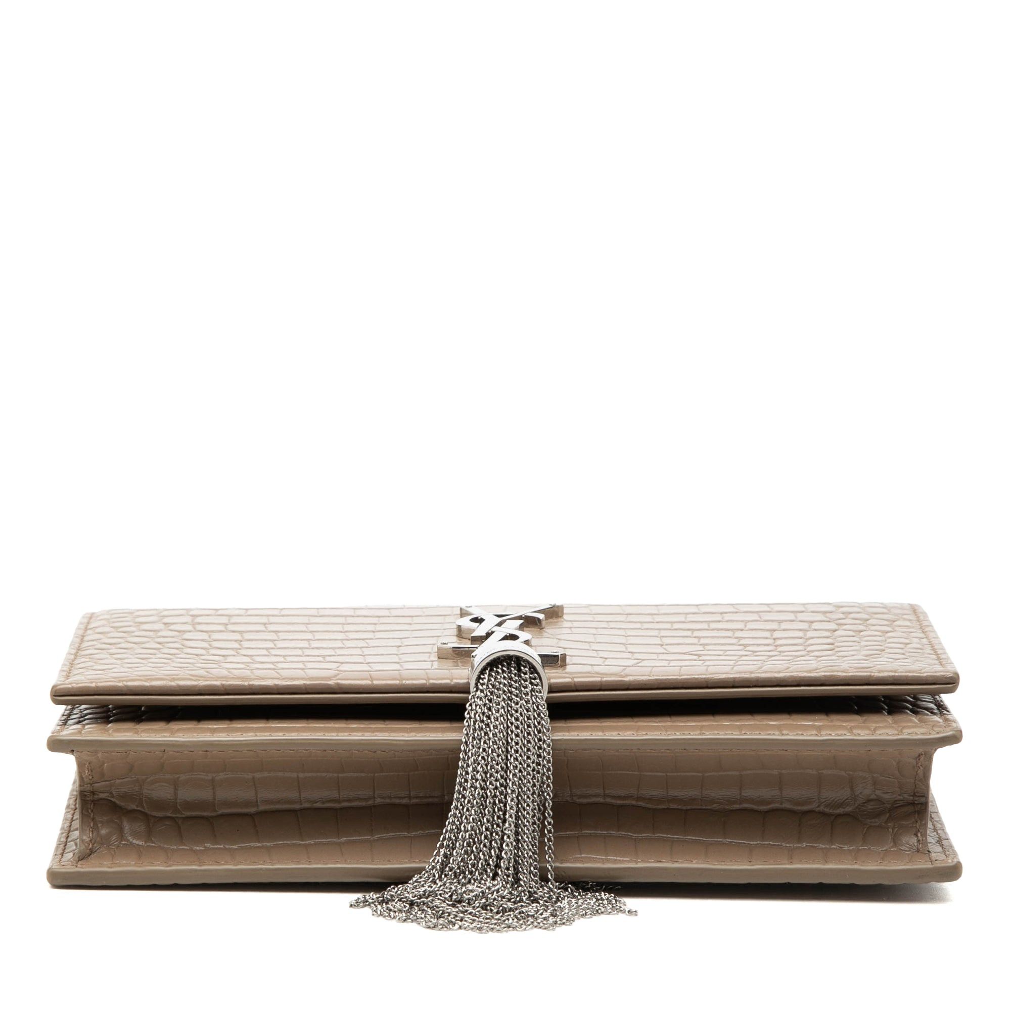Saint Laurent Paris Small Croc Embossed Leather Monogram Kate Tassel Wallet on Chain Size ONE SIZE - 3 Thumbnail