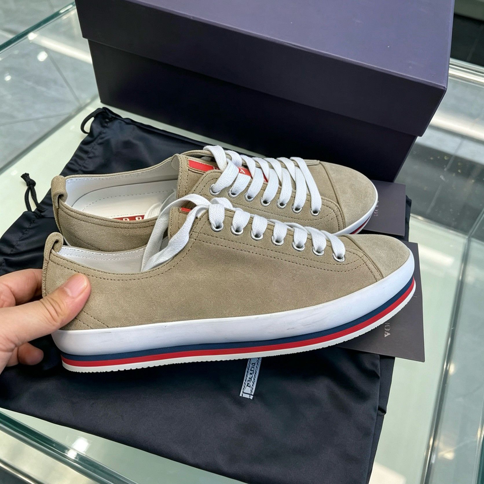 Prada Prada Khaki Suede Stripe Low-Top Sneakers US 8.5 Size US 8.5 / EU 41-42 - 4 Thumbnail