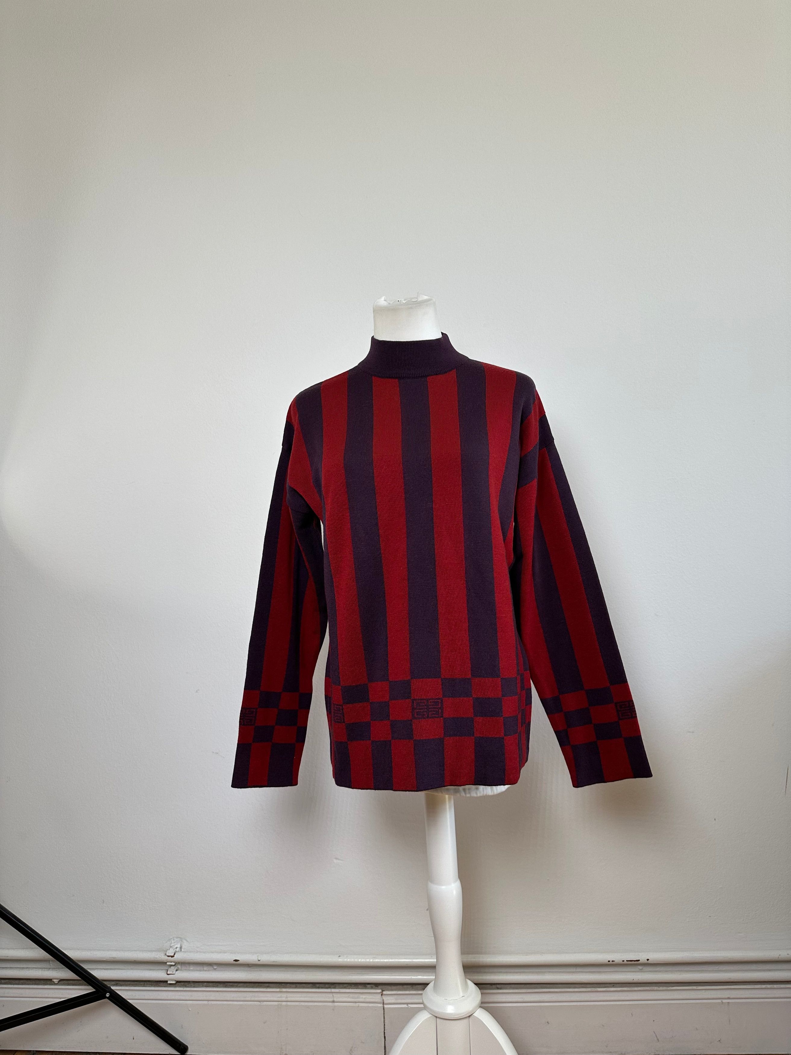 Givenchy Vintage 4G Logo Knit Mock Neck Sweater Striped Red Purple M Size M / US 6-8 / IT 42-44 - 13 Thumbnail