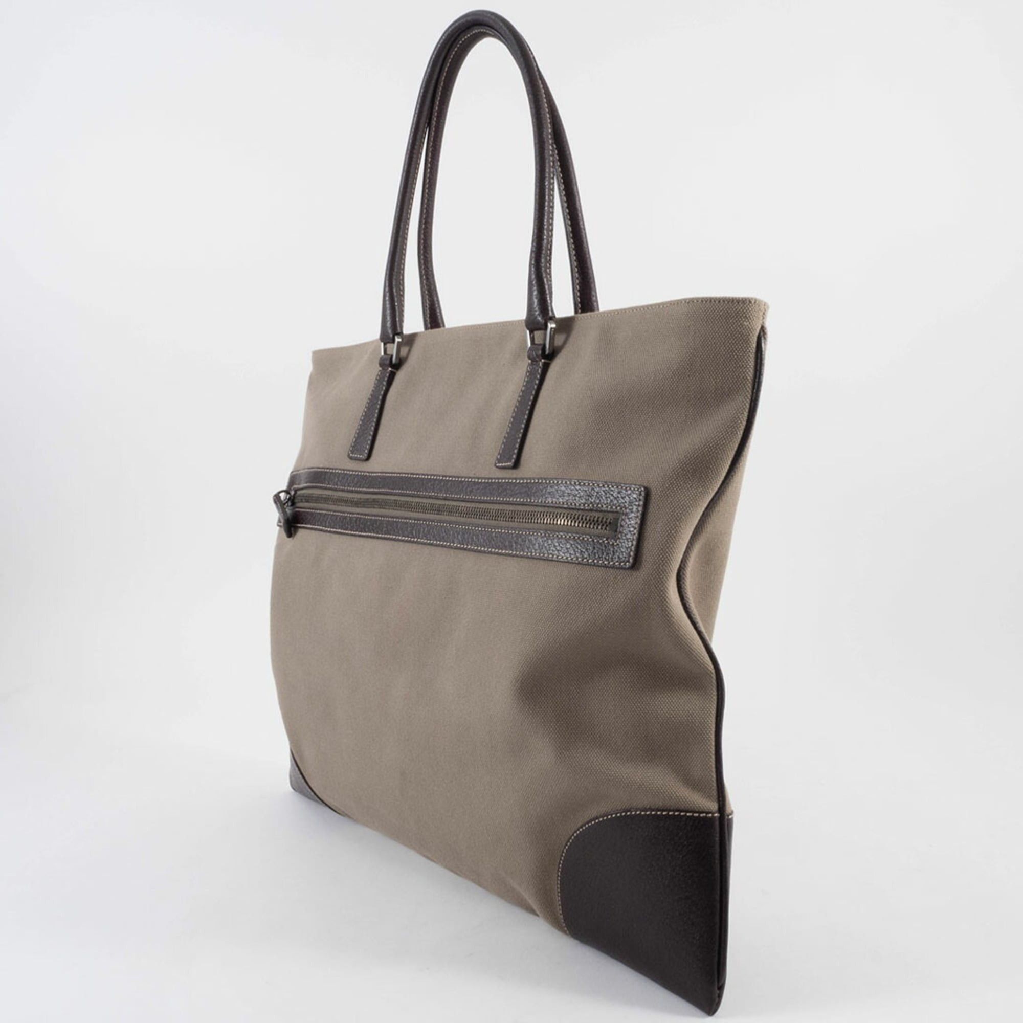 Prada Prada bag, canvas tote leather, khaki brown, hand, square. Size ONE SIZE - 9 Thumbnail
