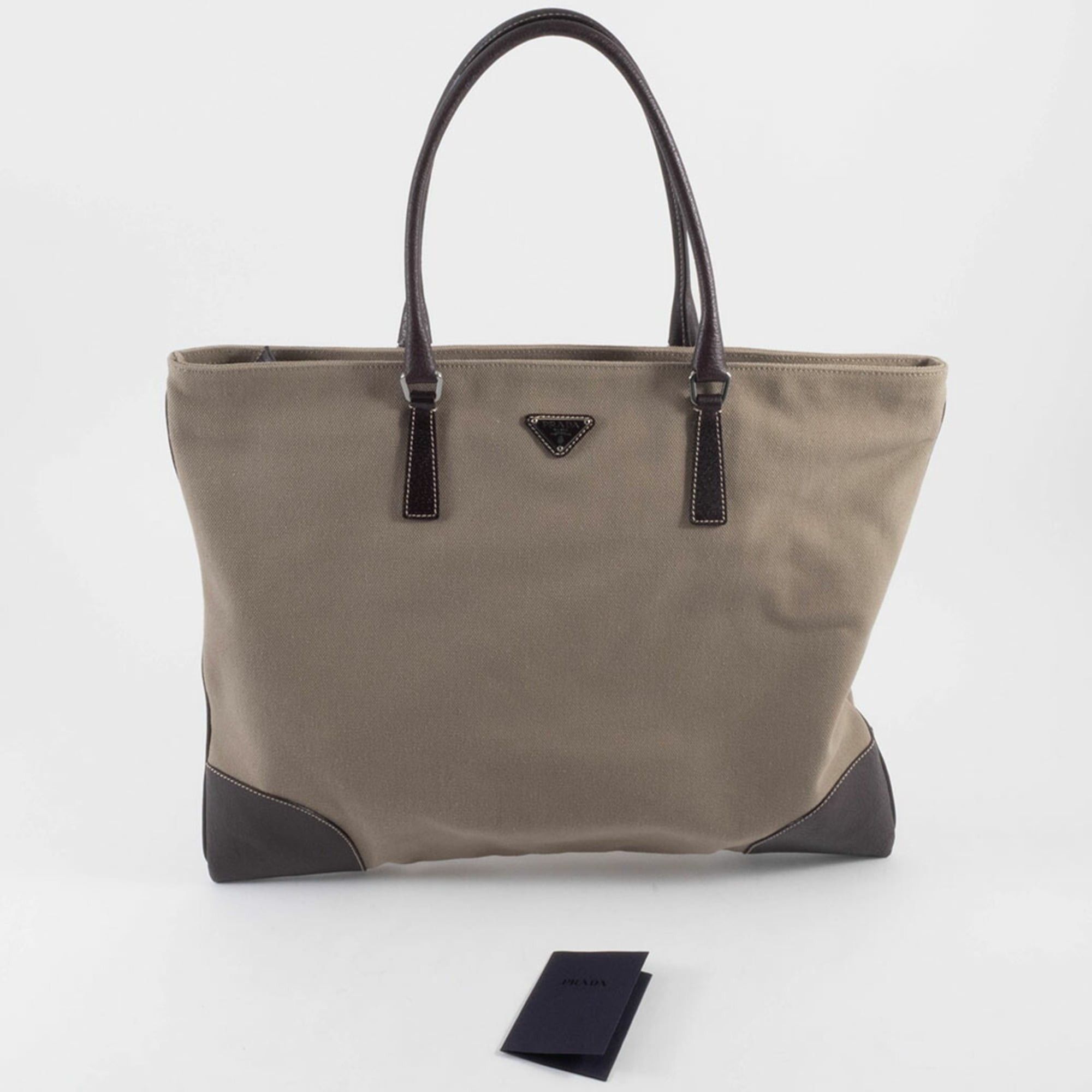 Prada Prada bag, canvas tote leather, khaki brown, hand, square. Size ONE SIZE - 16 Thumbnail