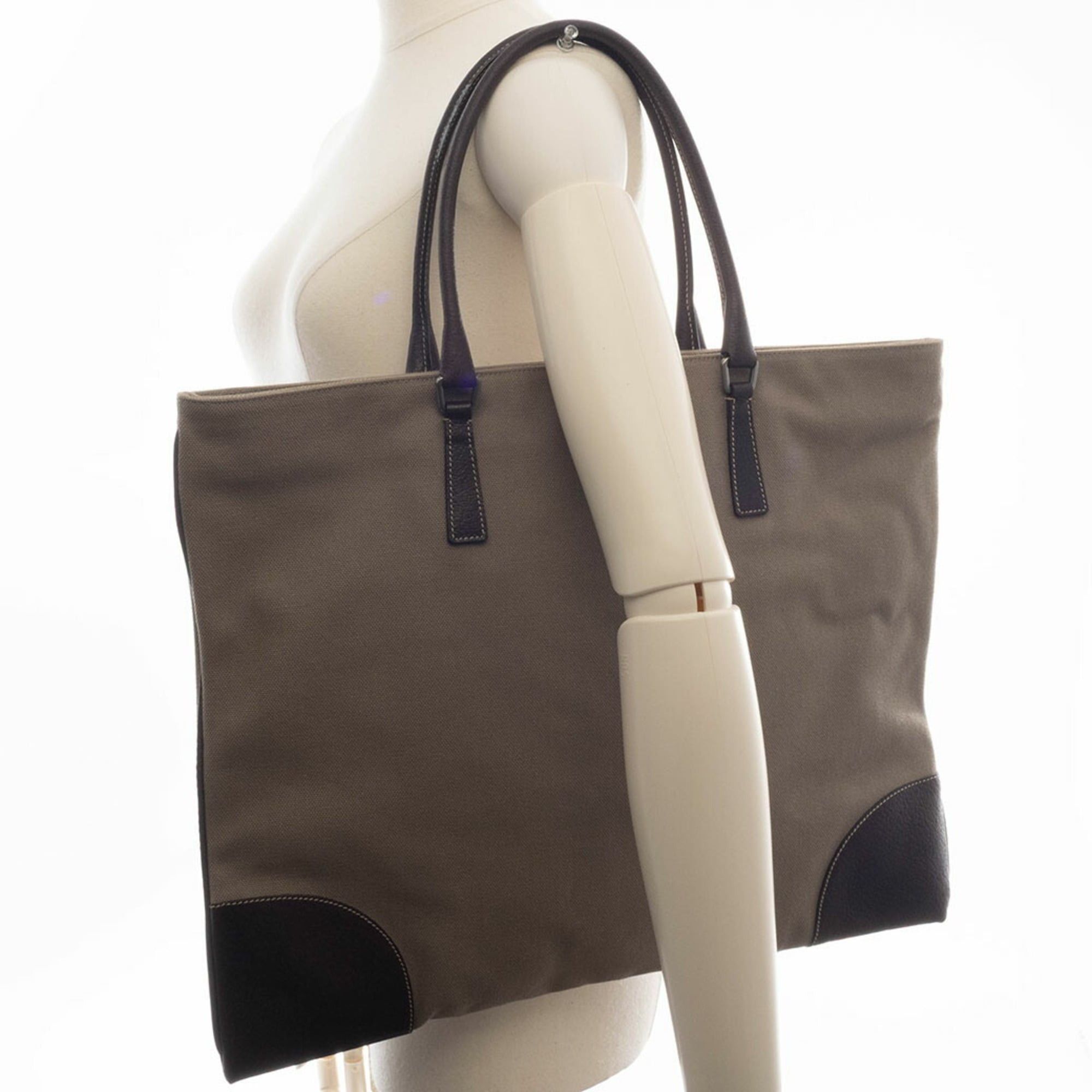 Prada Prada bag, canvas tote leather, khaki brown, hand, square. Size ONE SIZE - 11 Thumbnail