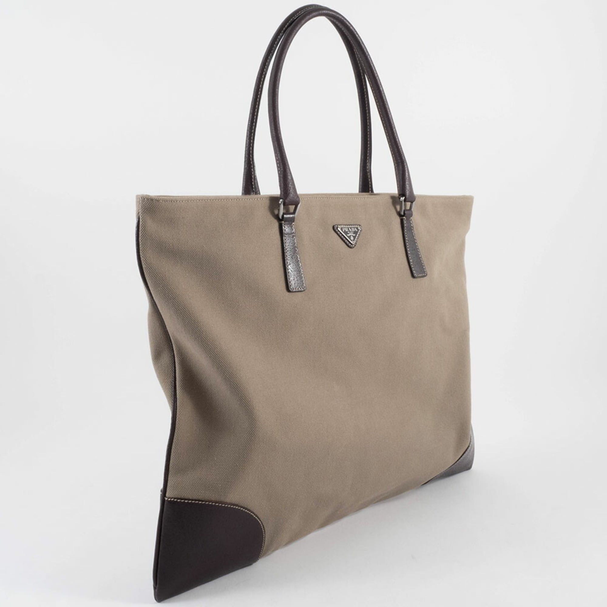 Prada Prada bag, canvas tote leather, khaki brown, hand, square. Size ONE SIZE - 8 Thumbnail