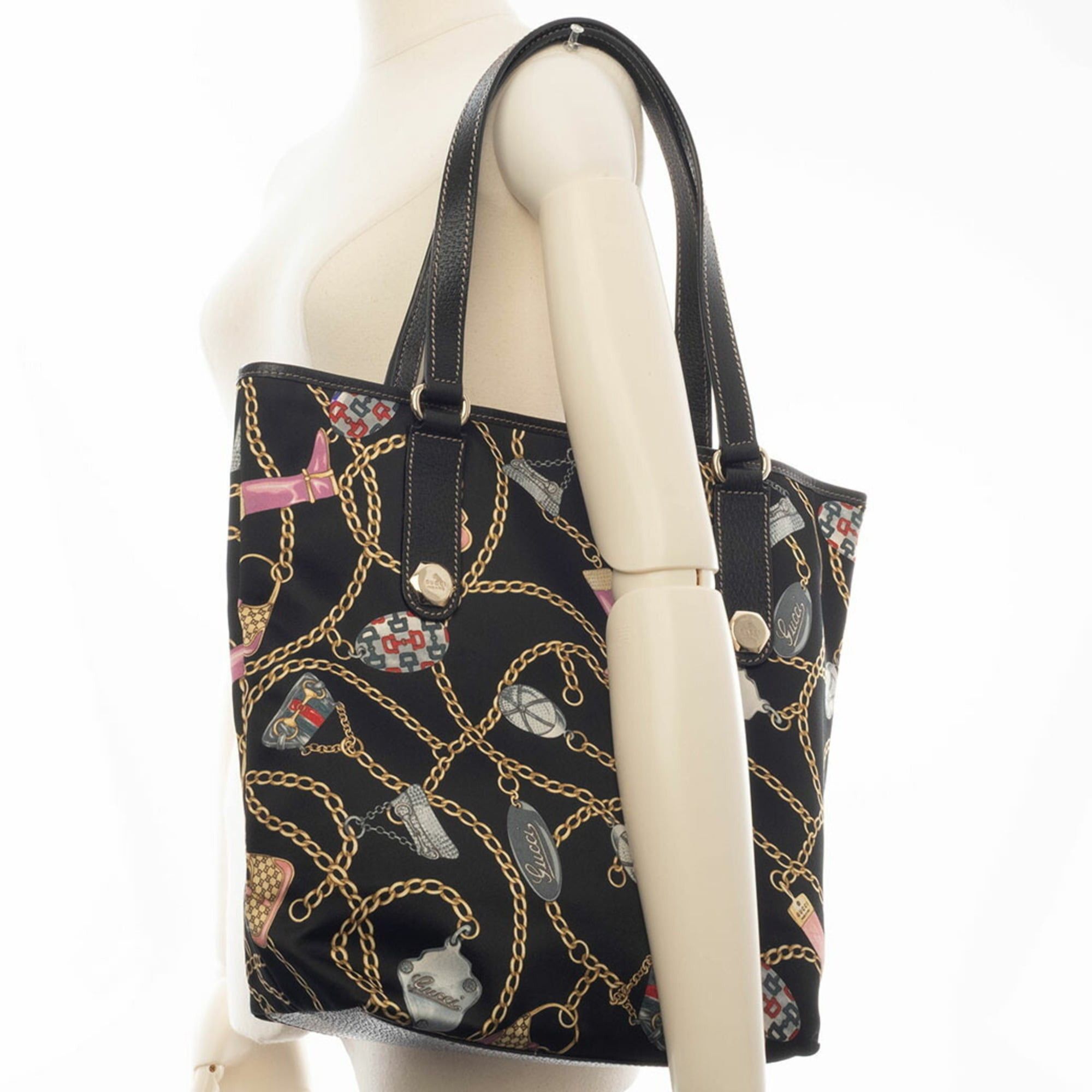 Gucci Gucci Tote Bag Satin 153009 Silk Leather Multicolor Chain Icon Black Size ONE SIZE - 11 Thumbnail