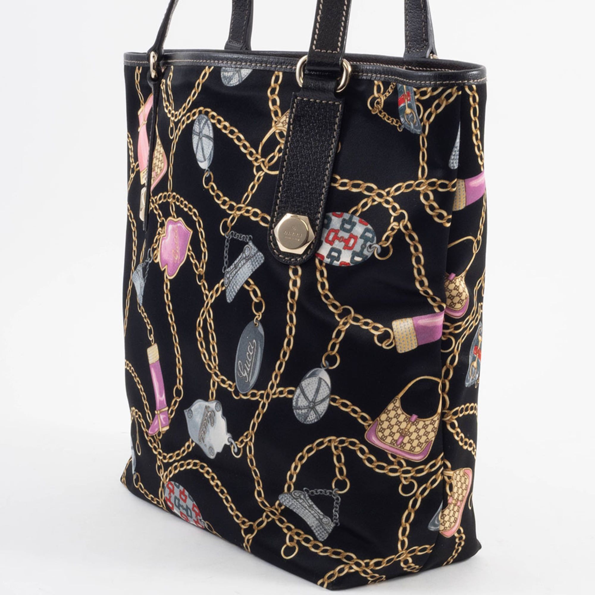 Gucci Gucci Tote Bag Satin 153009 Silk Leather Multicolor Chain Icon Black Size ONE SIZE - 9 Thumbnail