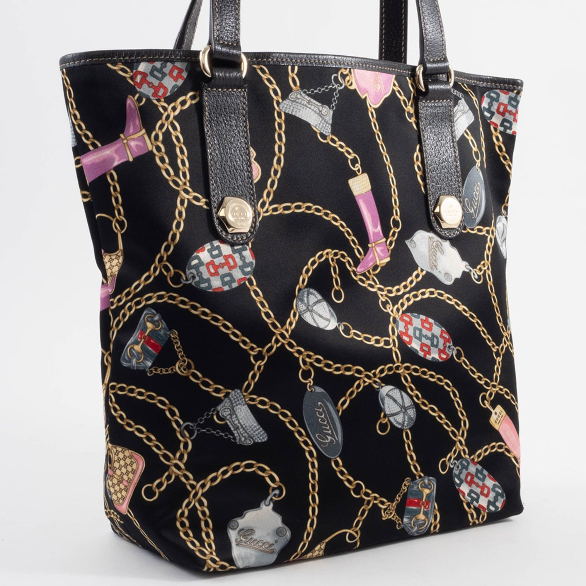 Gucci Gucci Tote Bag Satin 153009 Silk Leather Multicolor Chain Icon Black Size ONE SIZE - 8 Thumbnail