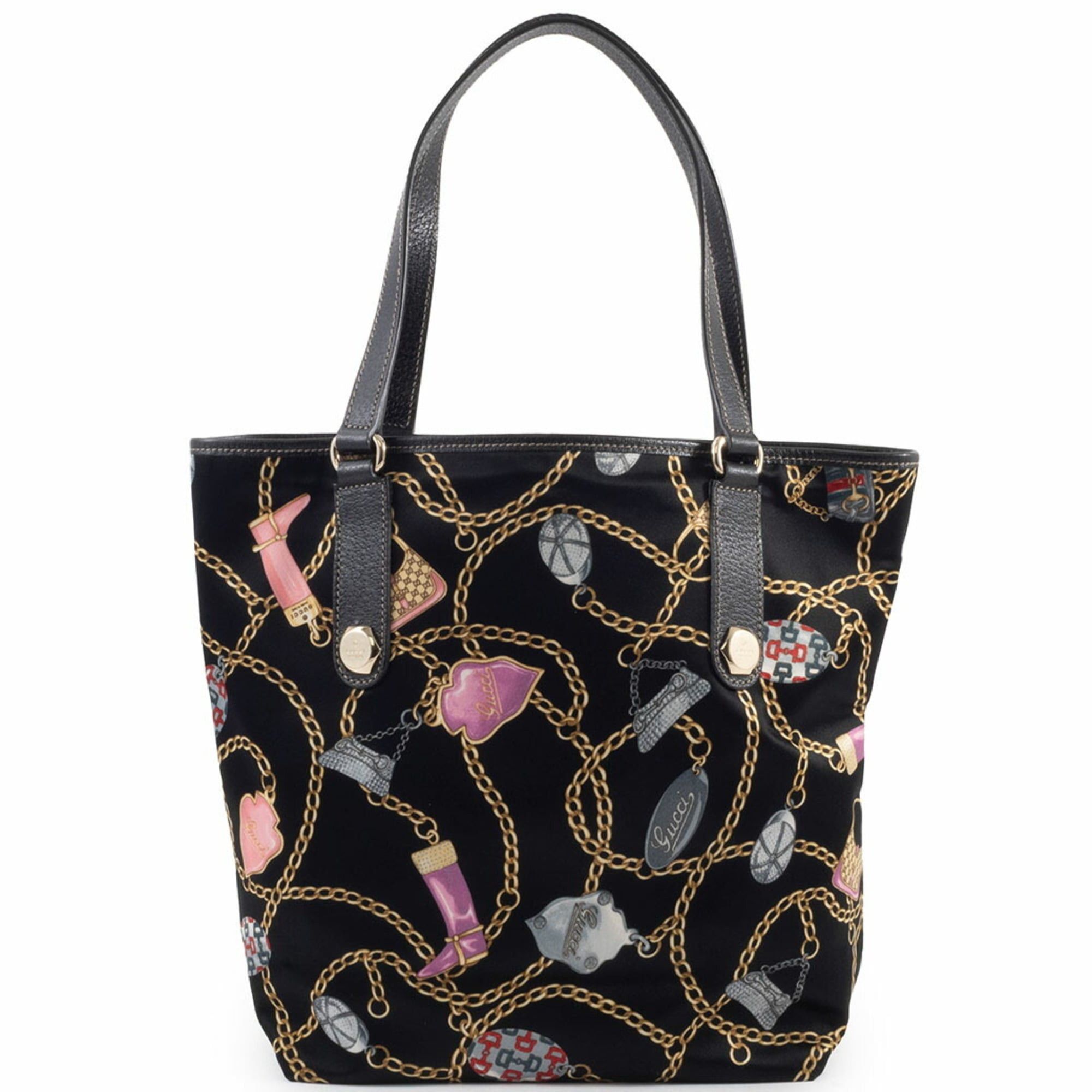 Gucci Gucci Tote Bag Satin 153009 Silk Leather Multicolor Chain Icon Black Size ONE SIZE - 3 Thumbnail