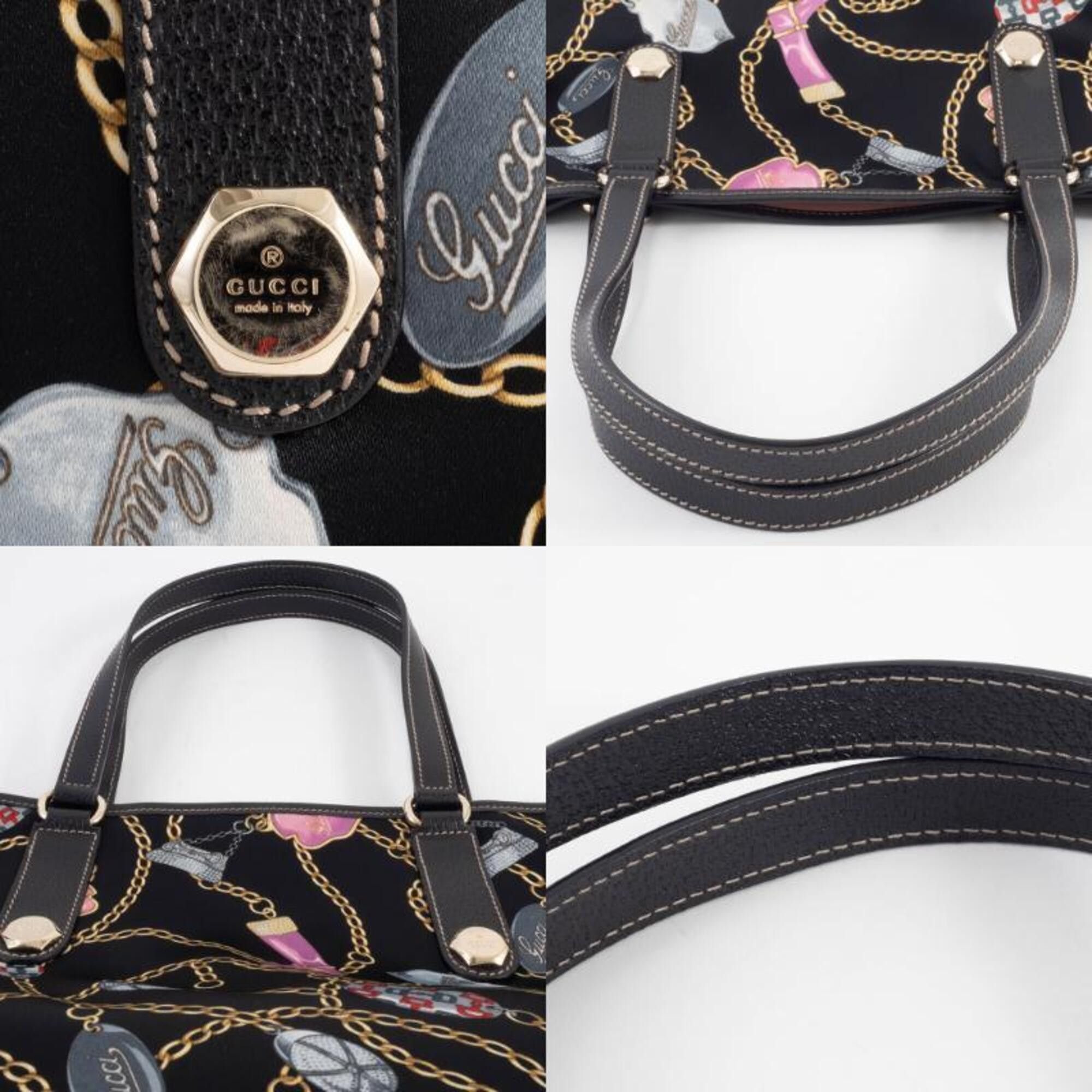 Gucci Gucci Tote Bag Satin 153009 Silk Leather Multicolor Chain Icon Black Size ONE SIZE - 17 Thumbnail