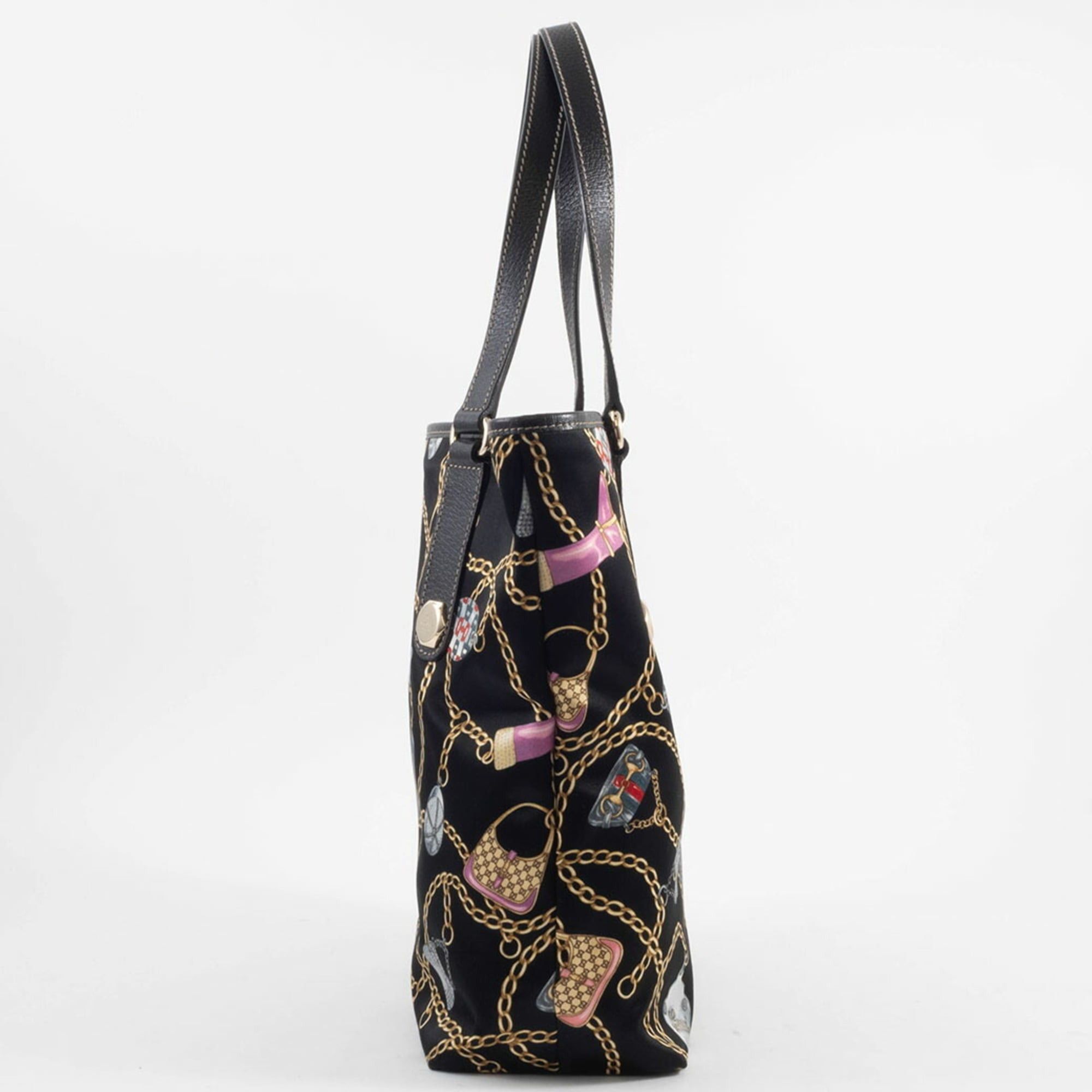 Gucci Gucci Tote Bag Satin 153009 Silk Leather Multicolor Chain Icon Black Size ONE SIZE - 4 Thumbnail