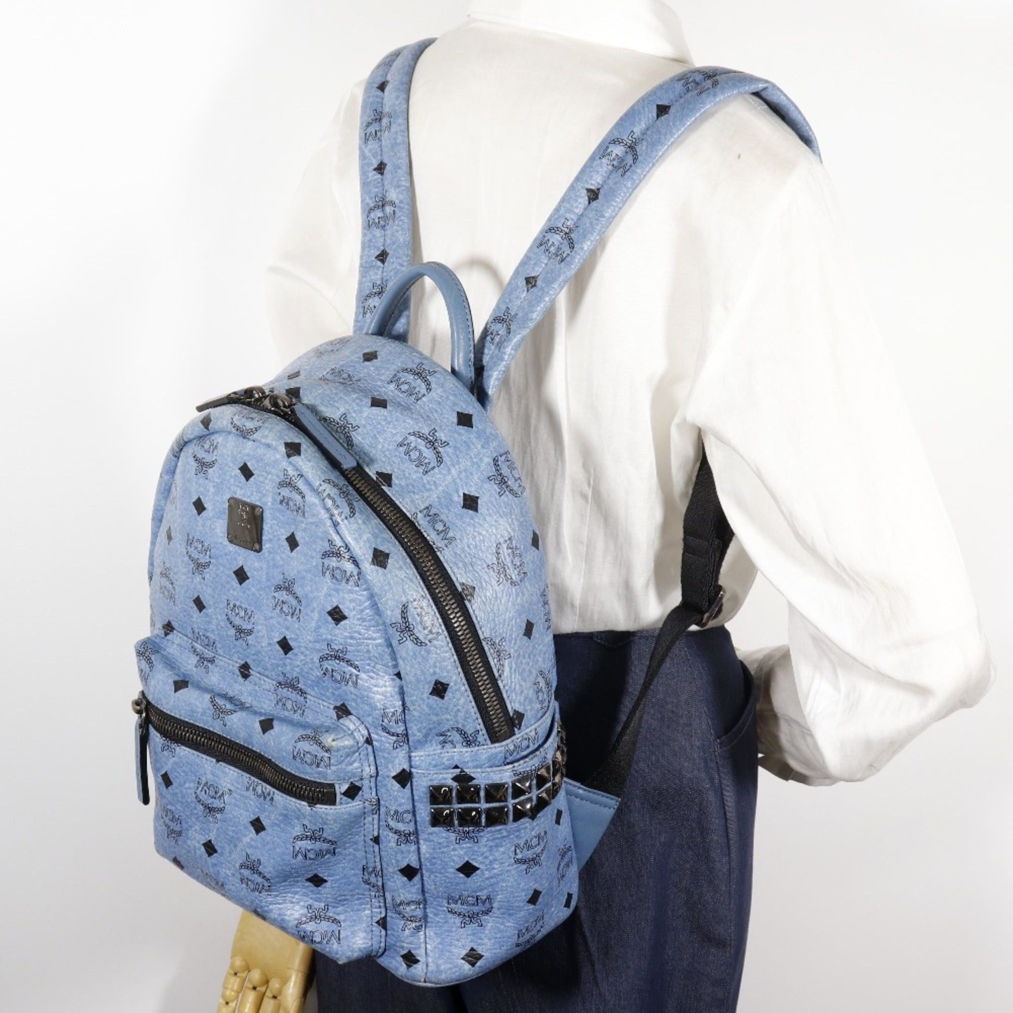 MCM MCM Stark Backpack/Daypack, Logo Gram Studded Leather, Light Blue, 2-way, A5 Size, Double Zipper, Women's Size ONE SIZE - 18 Thumbnail