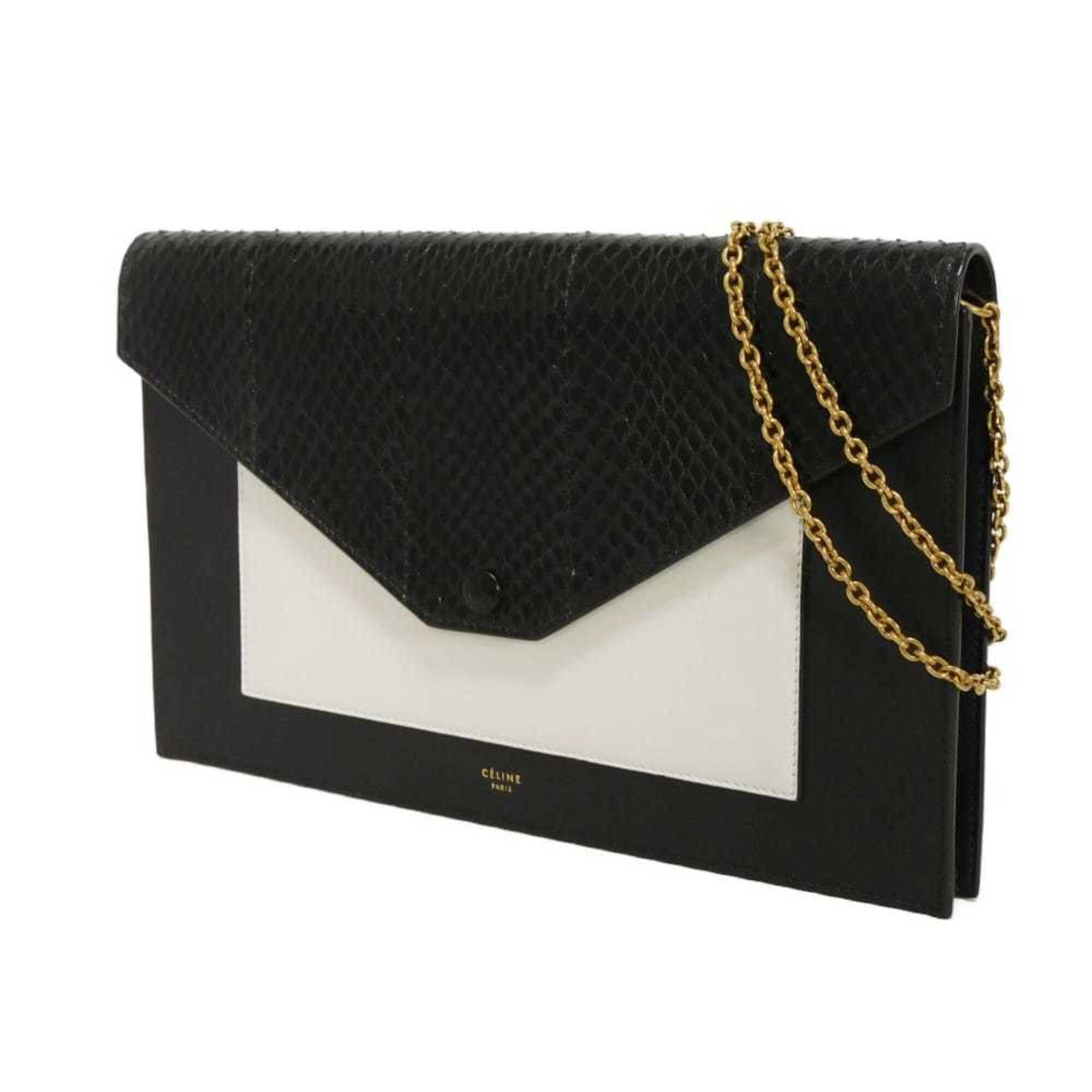 Celine Celine Shoulder Bag Chain Crossbody Lambskin Snake Pattern White 2-Way Clutch Old Logo Foil Stamped Black 105204 Men's Women's Size ONE SIZE - 2 Thumbnail