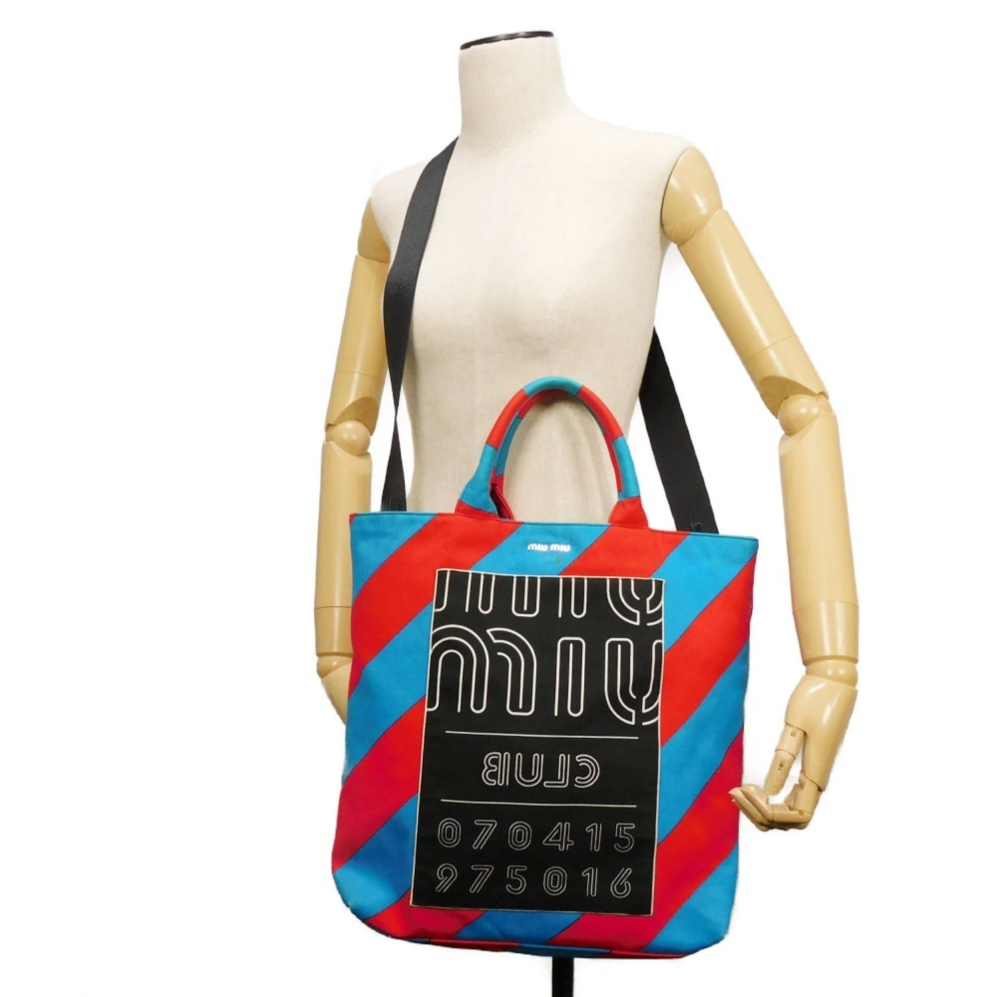 Miu Miu Miu Miu Miu Club Tote Bag, Bias Stripe, Red, Multicolor, 2-Way, Logo, Cotton, Blue, 5BG022 2EU0 F0GF4, Men's & Women's Size ONE SIZE - 4 Thumbnail