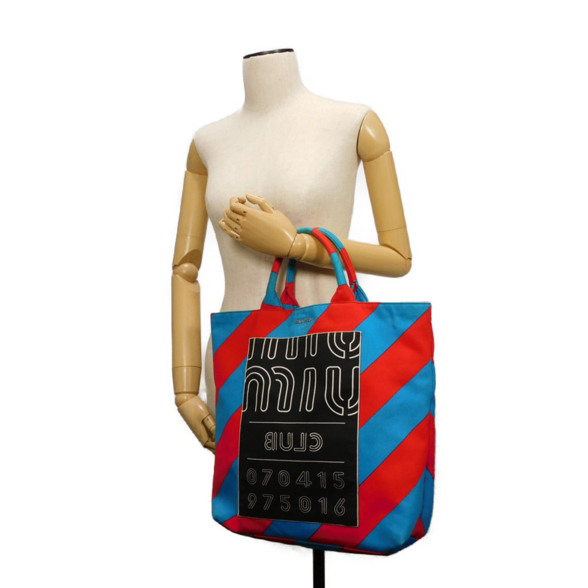 Miu Miu Miu Miu Miu Club Tote Bag, Bias Stripe, Red, Multicolor, 2-Way, Logo, Cotton, Blue, 5BG022 2EU0 F0GF4, Men's & Women's Size ONE SIZE - 5 Thumbnail