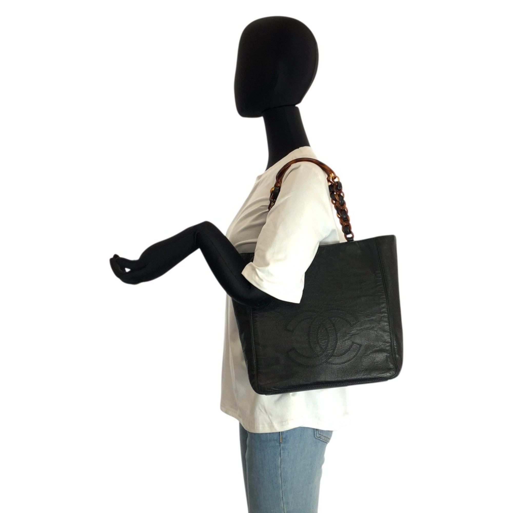 Chanel CHANEL Vintage Coco Mark Marble Chain Black Leather Tote Bag Shoulder for Women Size ONE SIZE - 7 Thumbnail