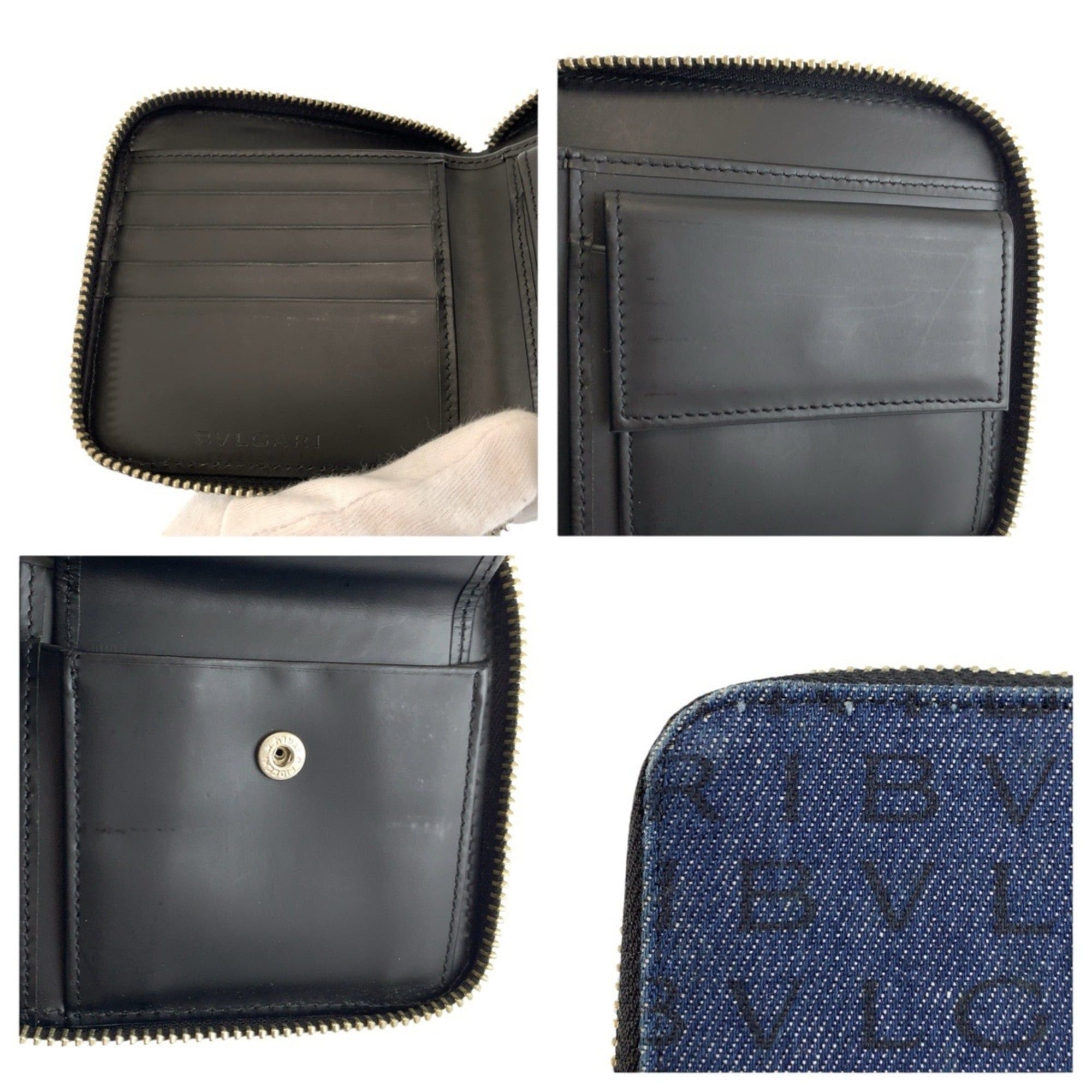 Bvlgari BVLGARI Logomania Blue Black Silver Hardware Denim Leather Folding Wallet Compact for Women Size ONE SIZE - 9 Thumbnail