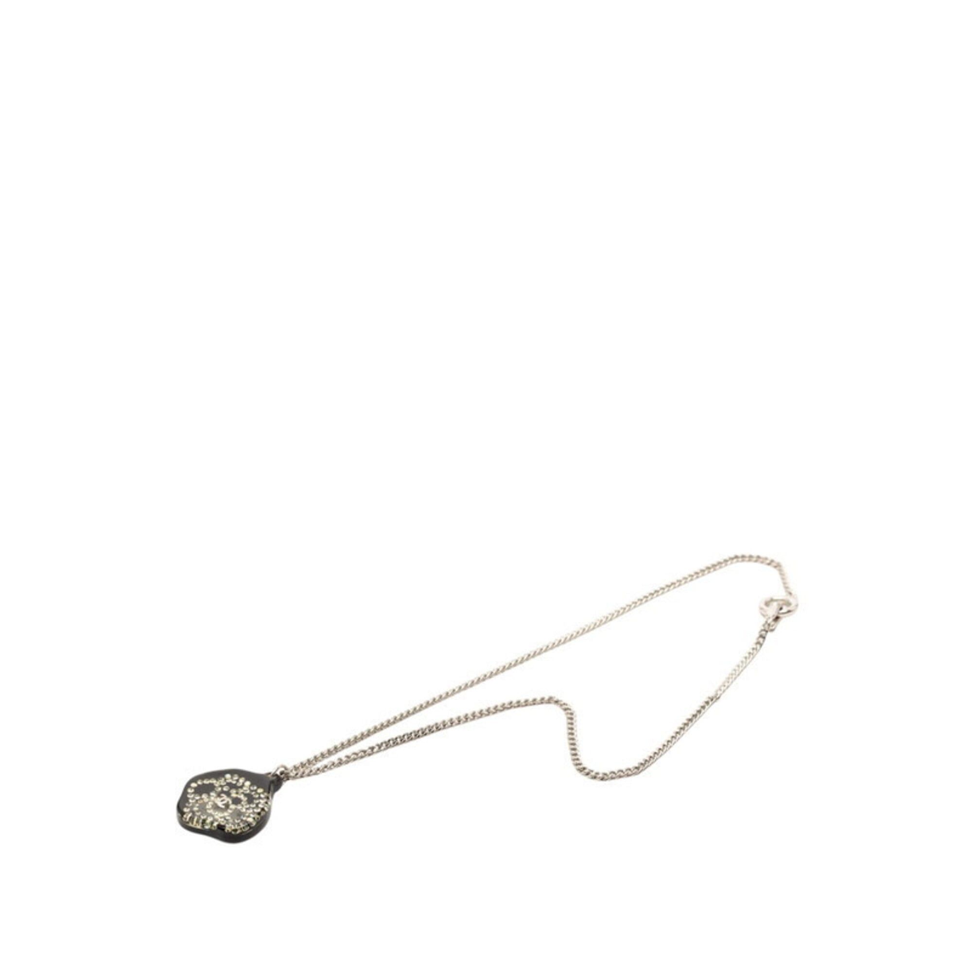 Chanel Chanel Coco Mark Rhinestone Camellia Necklace, Black, Silver, Plastic, Metal, Women's. Size ONE SIZE - 3 Thumbnail