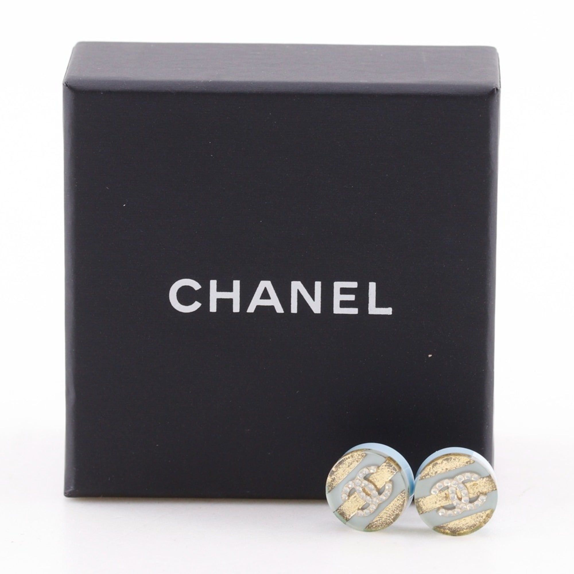 Chanel Chanel logo Coco Mark earrings, striped design, resin, rhinestones, and metal (GP), made in France, 13C gold, approximately 2.73g, women's. Size ONE SIZE - 9 Thumbnail