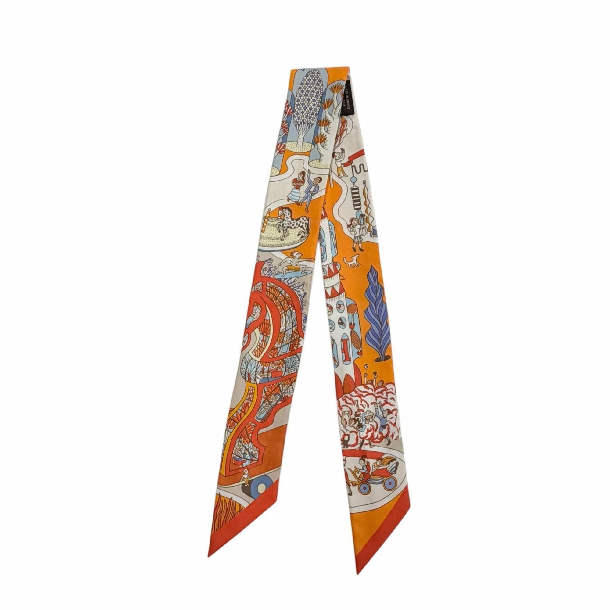 Hermes HERMES Twilly Exposition Universelle (World's Fair) 100% Silk Orange Ciel Brick Scarf/Muffler - Made in France Women's Size ONE SIZE - 2 Thumbnail