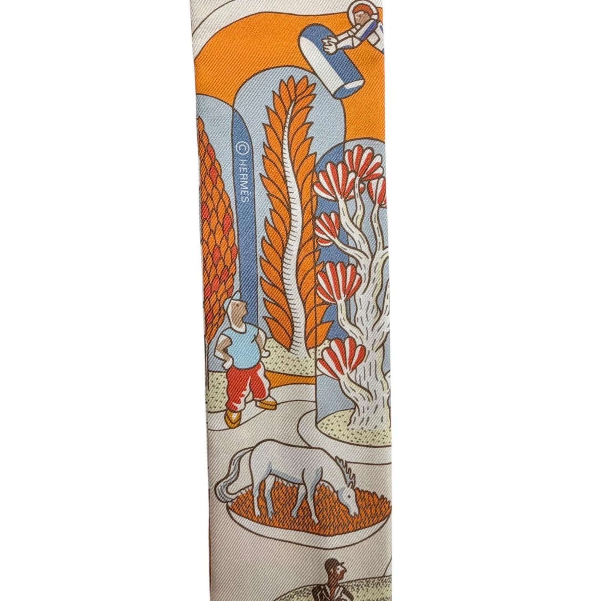 Hermes HERMES Twilly Exposition Universelle (World's Fair) 100% Silk Orange Ciel Brick Scarf/Muffler - Made in France Women's Size ONE SIZE - 3 Thumbnail