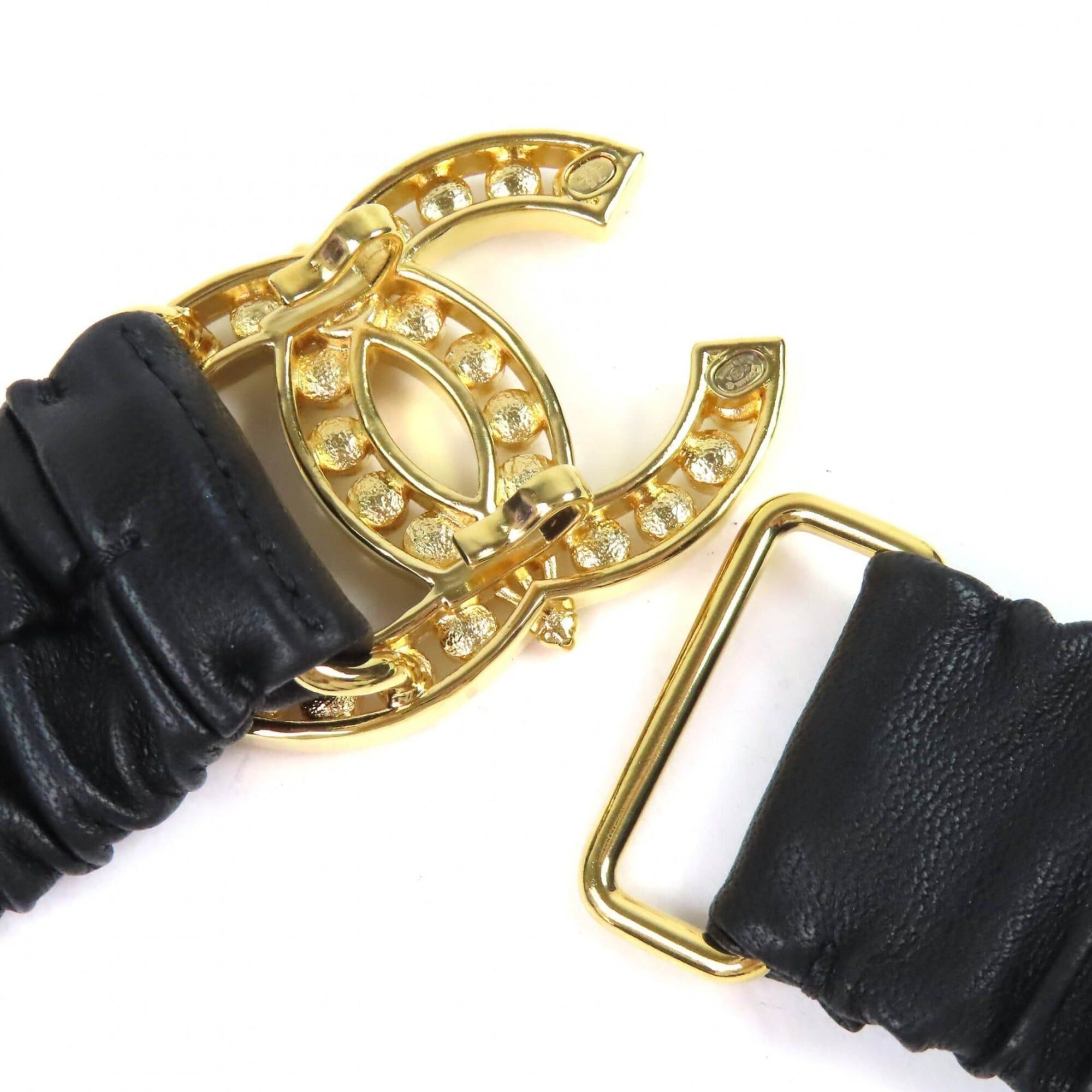 Chanel CHANEL L23A Coco Mark Rhinestone Buckle Leather Elastic Belt Black Gold Hardware 75 30 Women's Size ONE SIZE - 5 Thumbnail