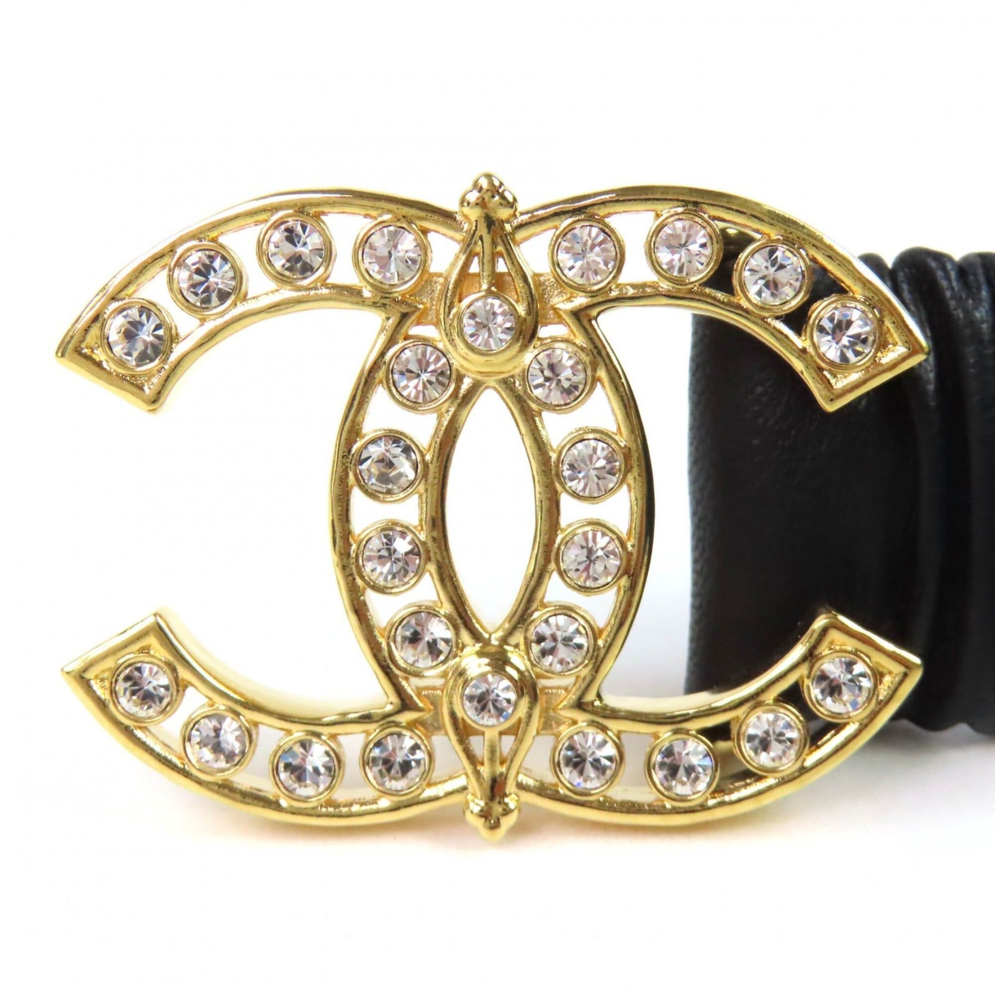 Chanel CHANEL L23A Coco Mark Rhinestone Buckle Leather Elastic Belt Black Gold Hardware 75 30 Women's Size ONE SIZE - 2 Thumbnail