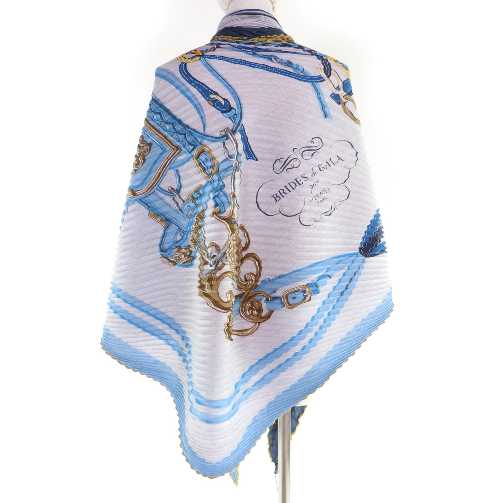 Hermes HERMES Carre Geant pleated Brides de Gala ceremonial horse bridle cashmere silk scarf/muffler in blue tones, made France, women's, with box. Size ONE SIZE - 5 Thumbnail