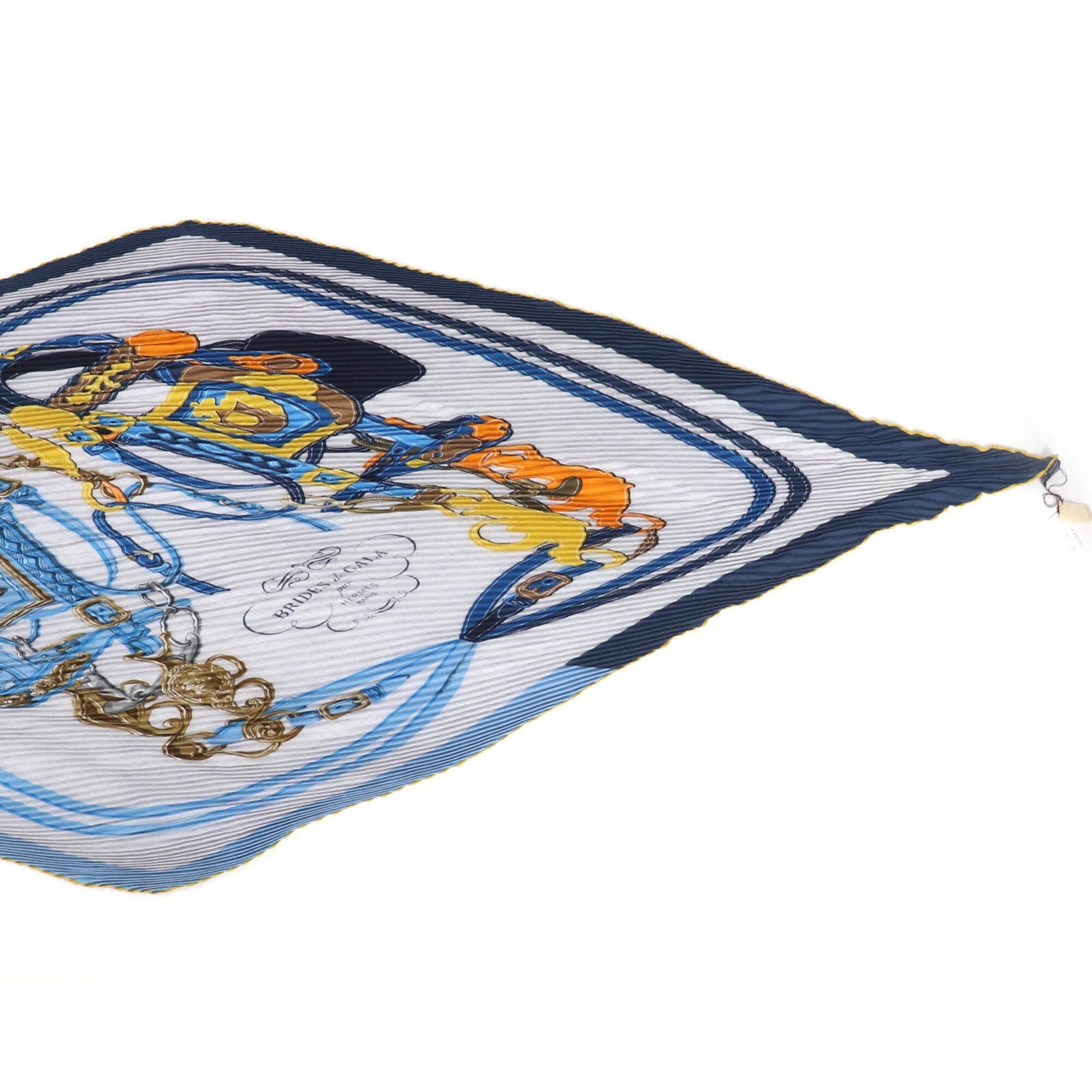 Hermes HERMES Carre Geant pleated Brides de Gala ceremonial horse bridle cashmere silk scarf/muffler in blue tones, made France, women's, with box. Size ONE SIZE - 8 Thumbnail
