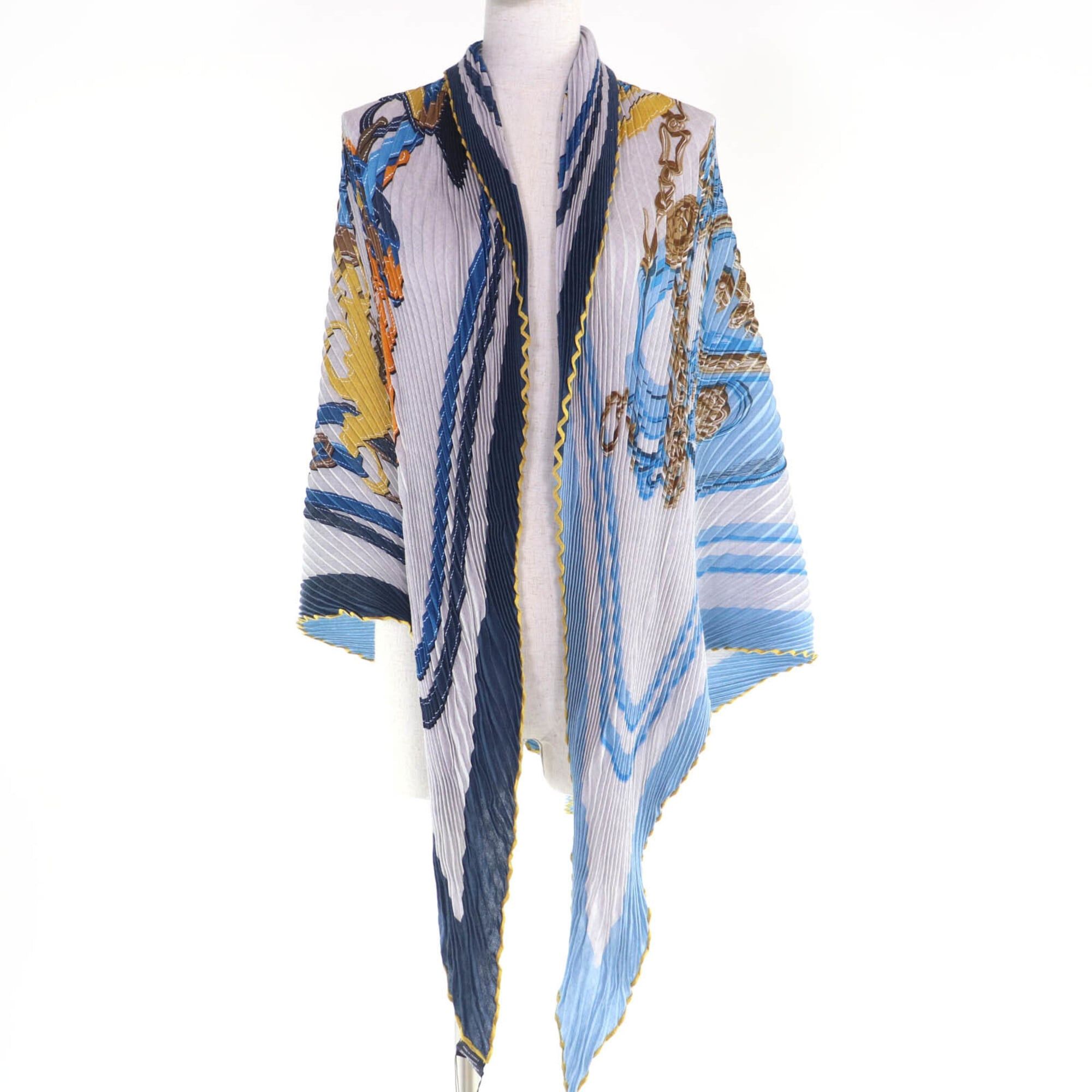 Hermes HERMES Carre Geant pleated Brides de Gala ceremonial horse bridle cashmere silk scarf/muffler in blue tones, made France, women's, with box. Size ONE SIZE - 3 Thumbnail